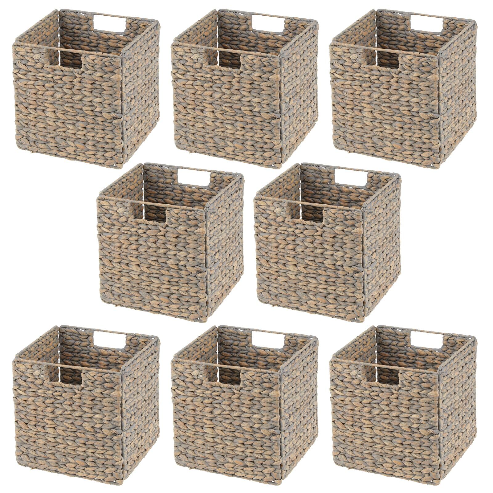 mDesign Natural Woven Hyacinth Storage Basket with Handles - 8 Pack Gray Wash Cube Organizer for Kitchen, Pantry & Cubby Units | Perfect for Snacks, Small Appliances & Home Organization