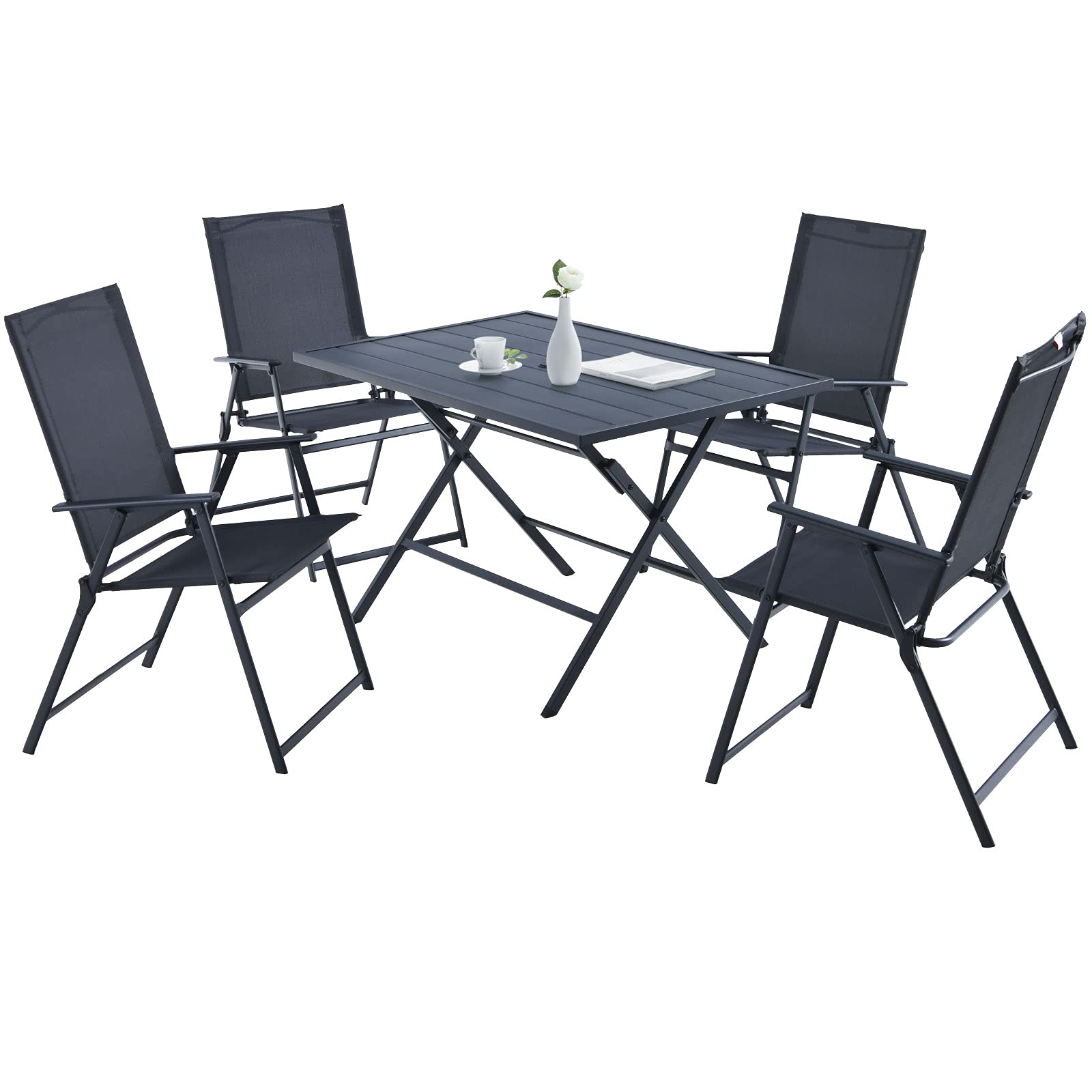 Tangkula 5-Piece Patio Dining Set - No Assembly Required Outdoor Furniture with 4 Armchairs & 1 Table, Folding Chair Set with 1.5