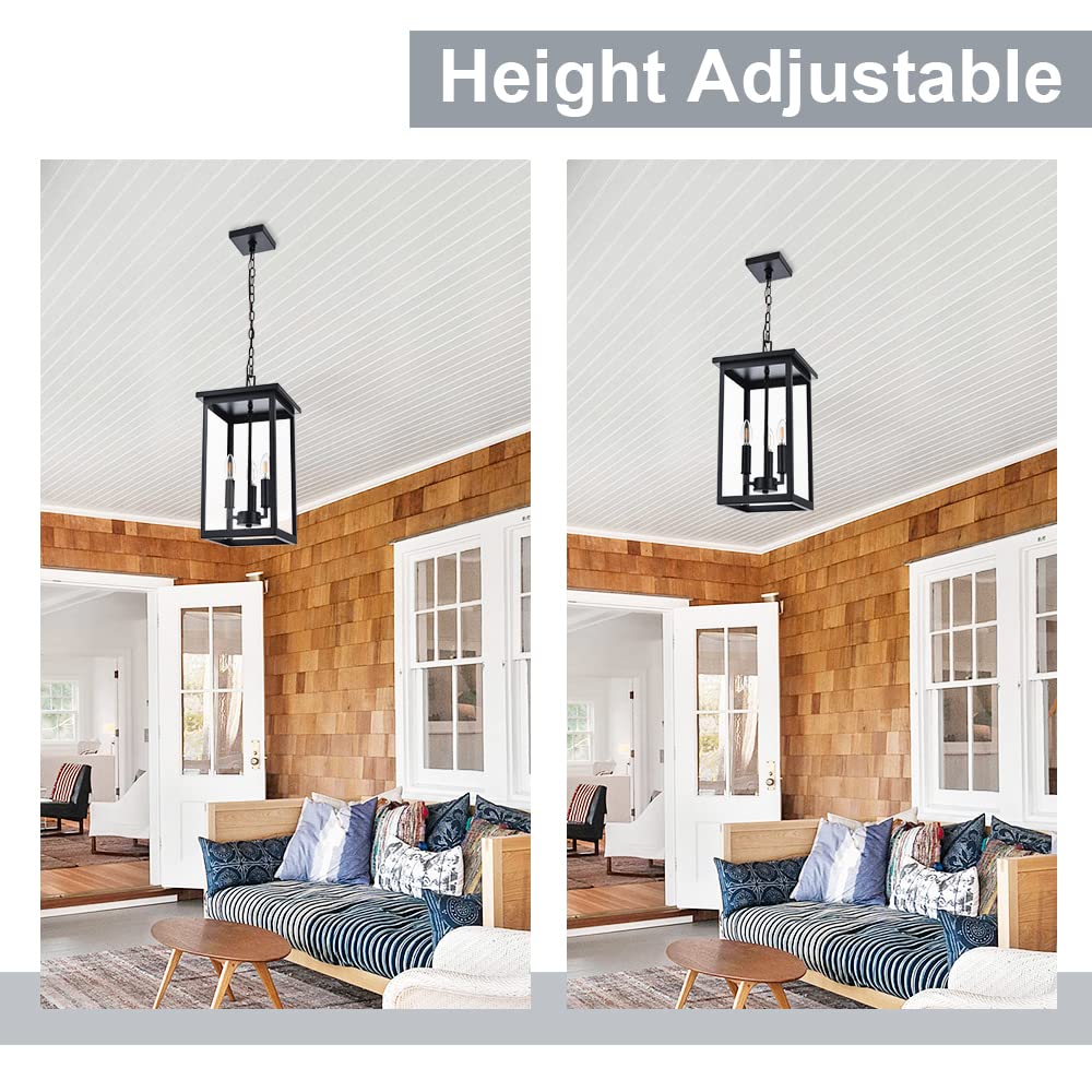 Black Outdoor Pendant Lantern - E12 Candle Chandelier with 3 Lights - Large Exterior Hanging Light Fixture with Clear Glass & Adjustable Height - Perfect for Indoor Entryway, Porch, Patio & Garden Lighting