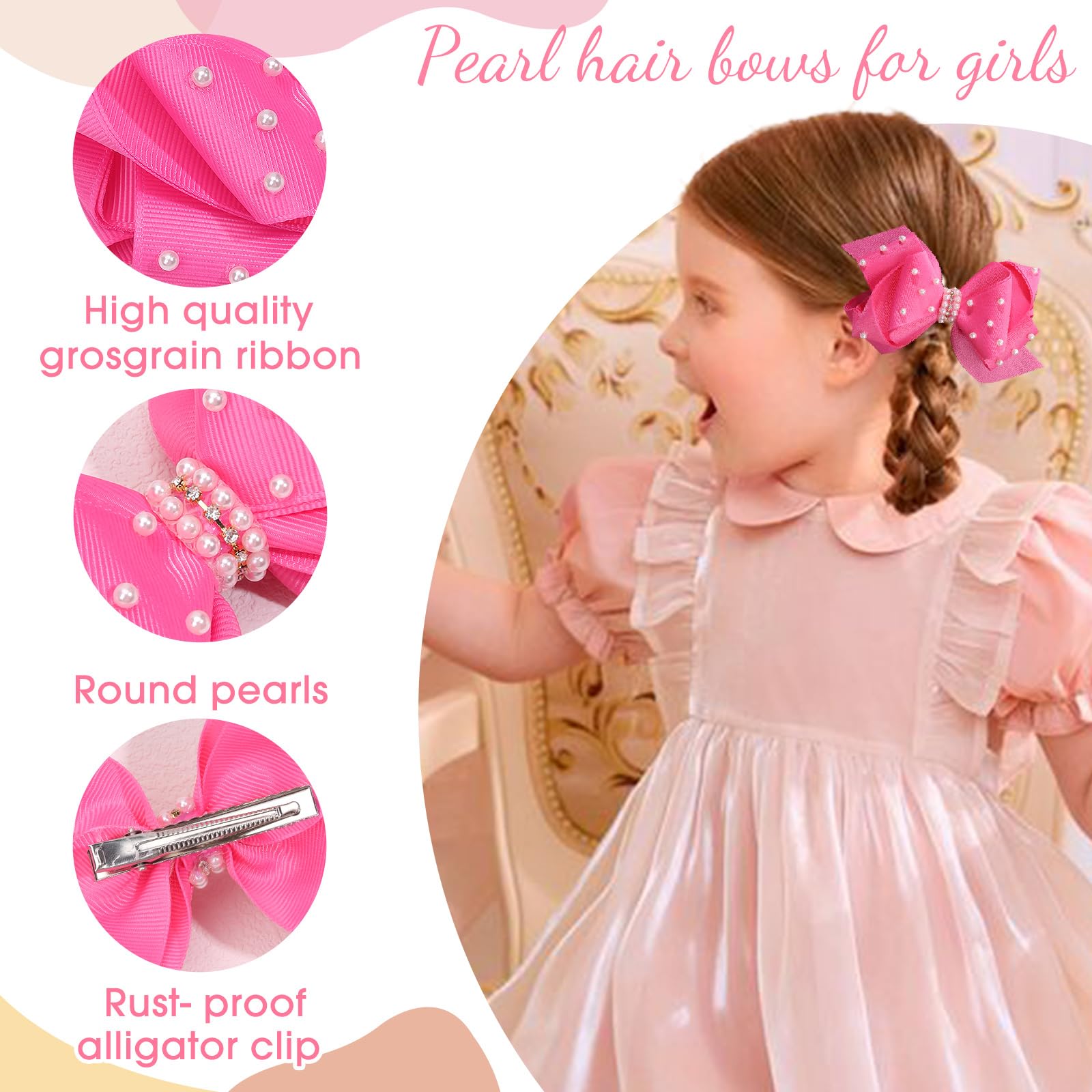 2Pcs Pearl Hair Bows for Girls - 4.5 Inch Grosgrain Ribbon Alligator Clip Hair Accessories for Toddlers, Kids & Baby - Perfect for Birthday Parties, Weddings & Special Occasions (Pink)