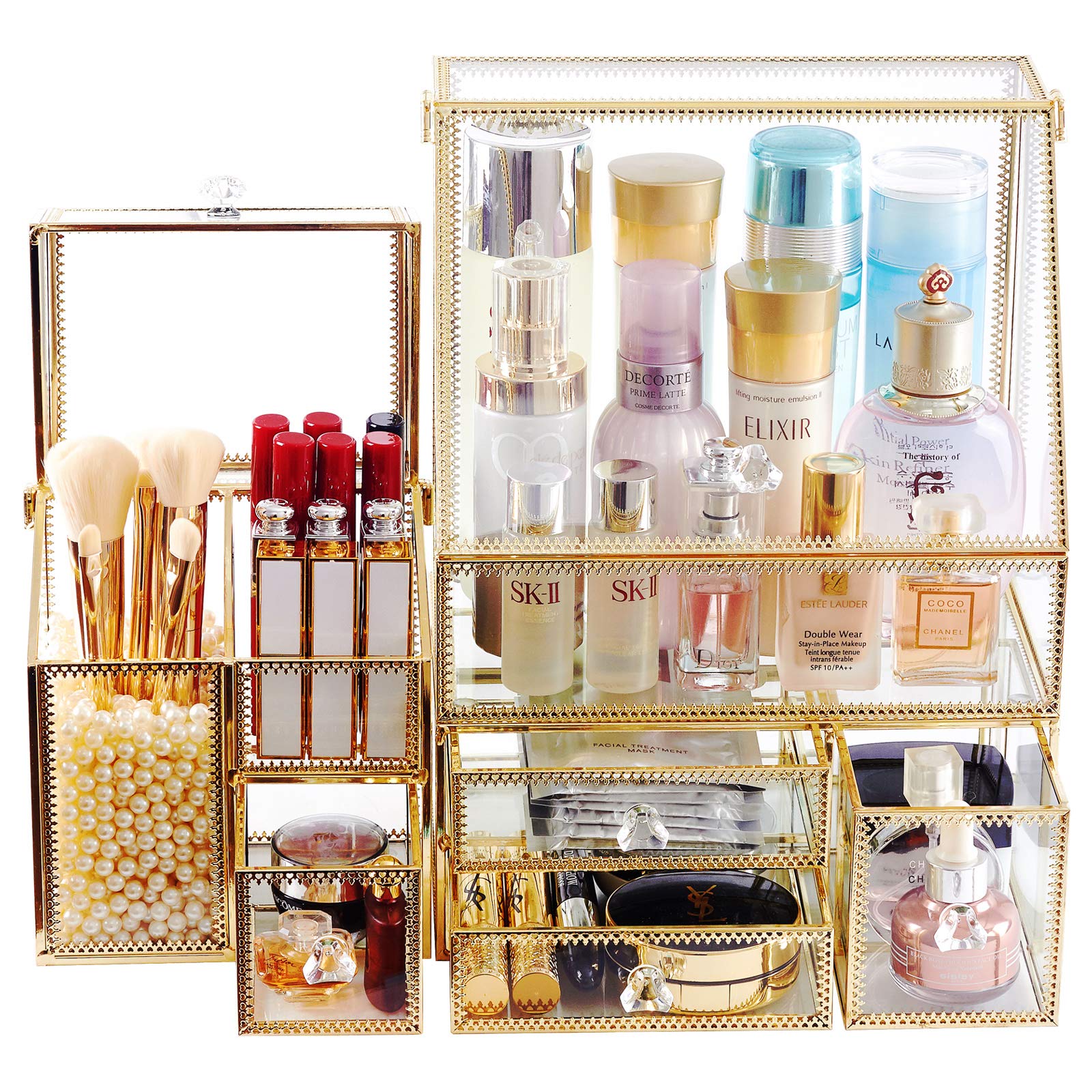 Stackable 3-Piece Glass Drawer Set - Antique Vanity Makeup Organizer with Mirror for Brushes, Lipsticks & Skincare | Countertop Cosmetic Storage Box | Beauty Display Holder for Toner & More | Free Pearl (Gold) - Perfect for Bedroom, Bathroom & Dressing Table Organization