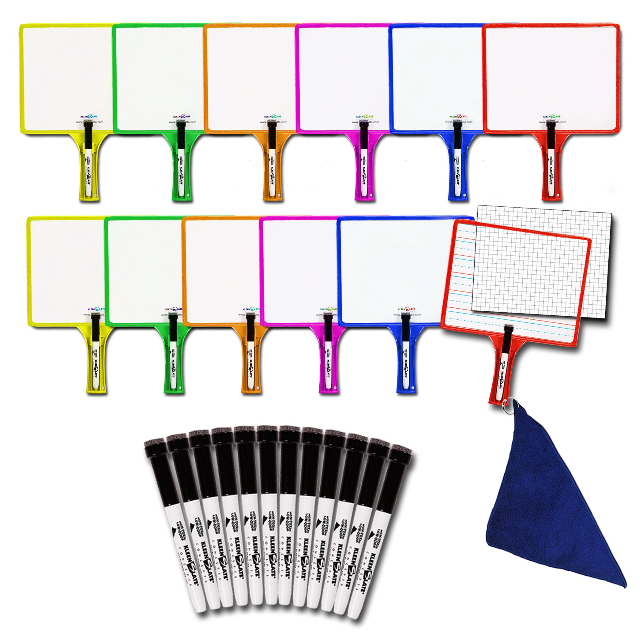 12-Pack KleenSlate Double-Sided Custom Whiteboard with Clear Dry Erase Sleeve - Interchangeable Templates & Graphic Organizers - Includes 12 Microfiber Cloths, Bookbinder Rings & Markers - Perfect for Classrooms, Offices & Home Learning