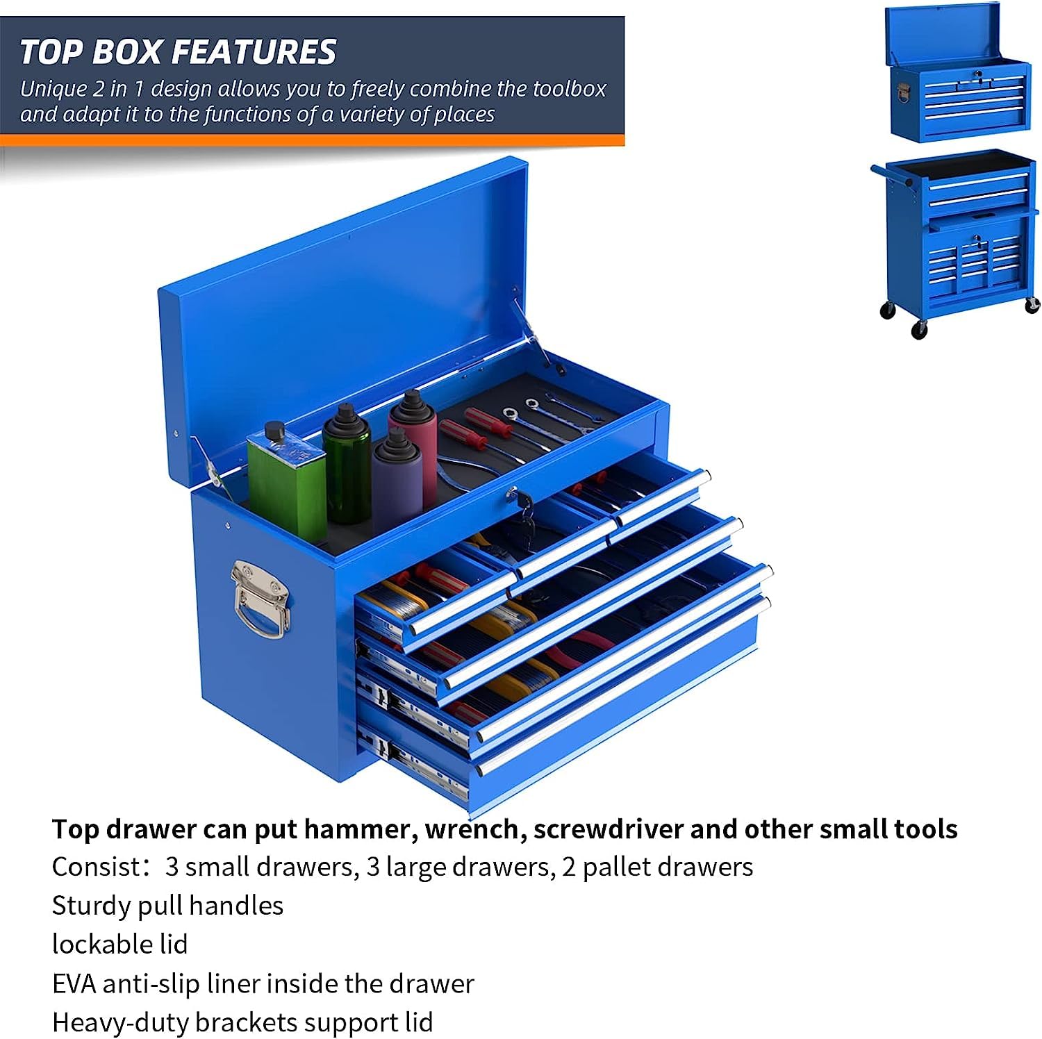 8-Drawer Heavy Duty Rolling Tool Chest with Removable Cabinet & Lock - High Capacity Mobile Tool Storage for Mechanics, Garage Workshop & Tool Room - Perfect for Automotive Repair, DIY Projects & Professional Tool Organization (Blue)