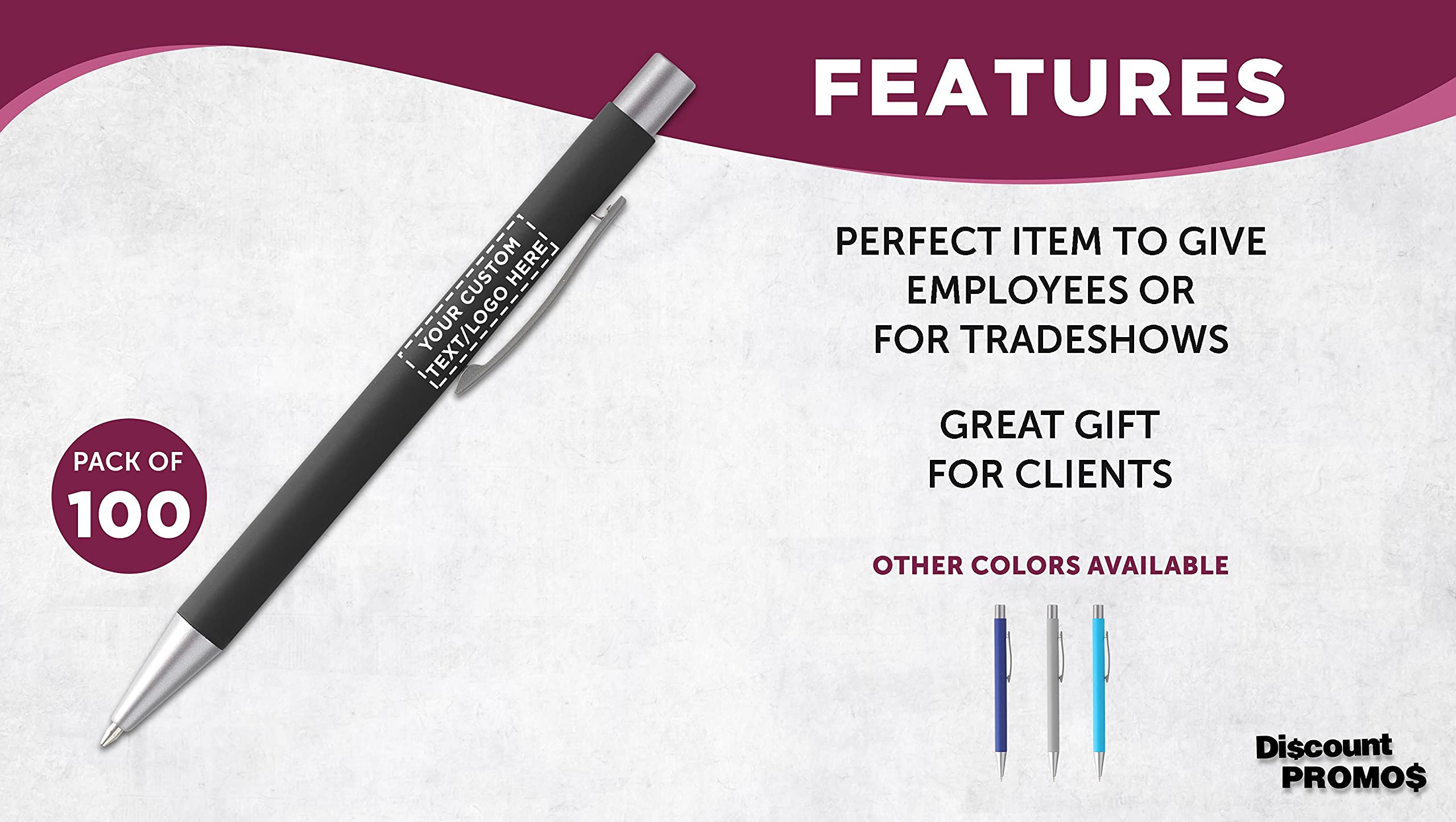 100 Pack Cordova Rubber Coated Metal Pens - Custom Logo & Text Printing - Smooth Writing Push Action Ballpoint Pens with Black Ink for Office, School & Business Promotions