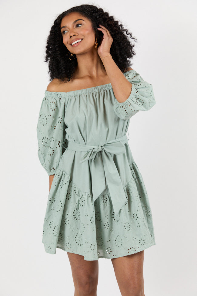 Elegant Sage Green Eyelet Off-The-Shoulder Summer Dress for Women - Perfect for Beach Vacations, Date Nights & Outdoor Weddings