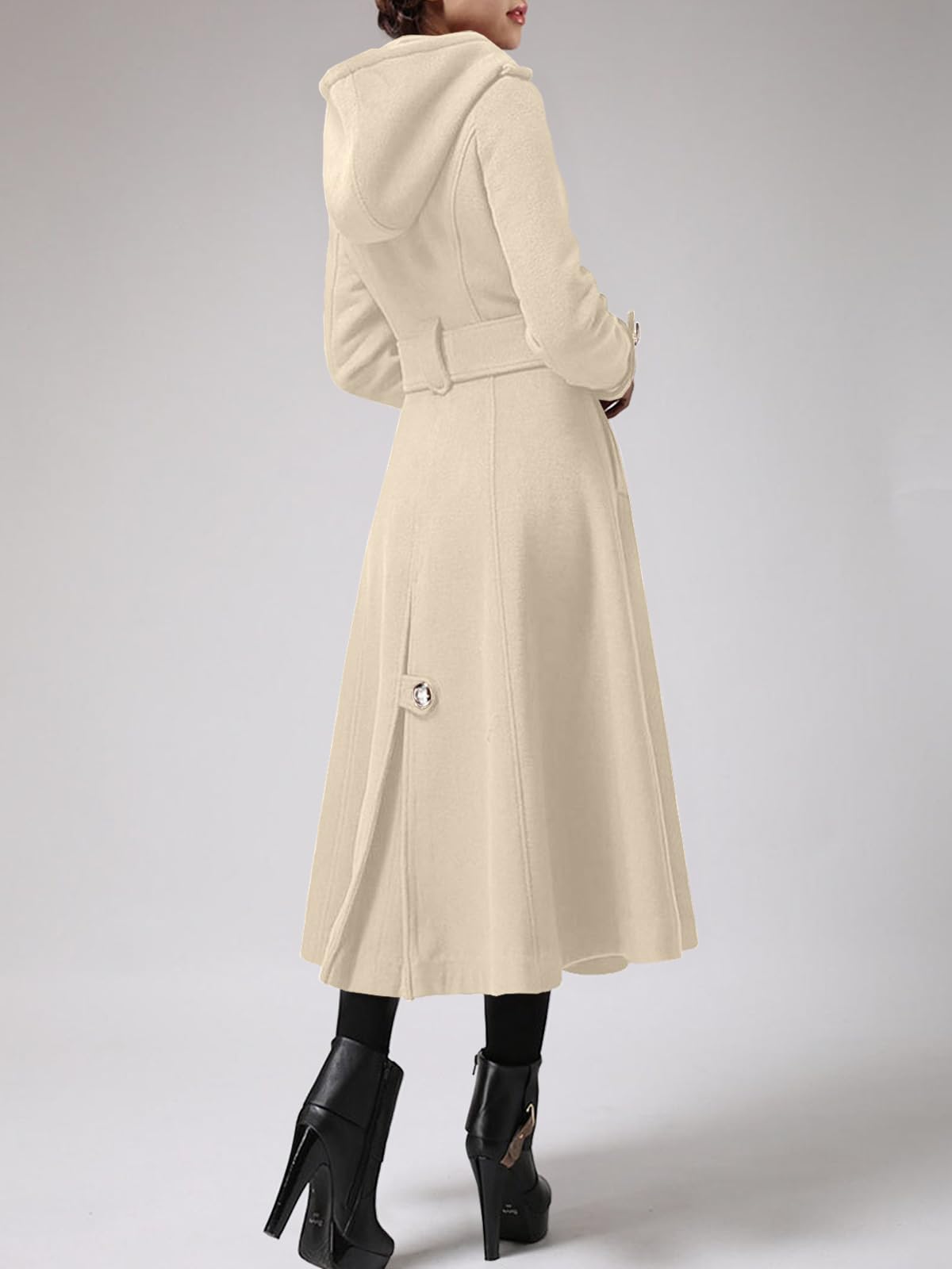 Cicy Bell Women's Long Double-Breasted Hooded Winter Coat - Warm Wool Trench Coat with Adjustable Belt for Cold Weather - Perfect for Office, Travel & Outdoor Activities