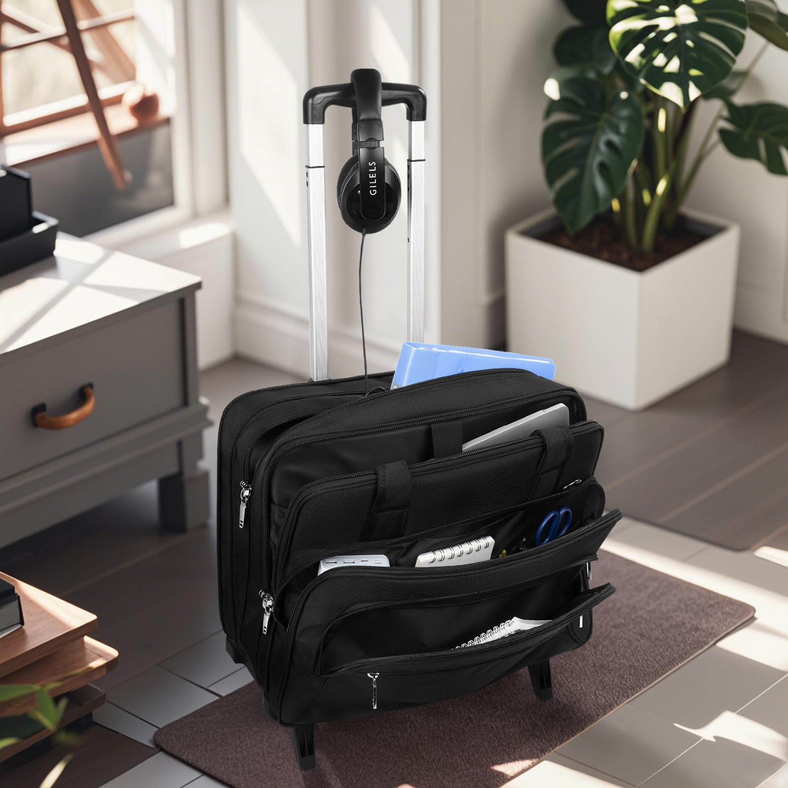GMAK 16.5 Inch Rolling Laptop Bag for Women & Men - Wheeled Briefcase with Removable Trolley, Durable Computer Bag for Work, Business, Travel, Overnight Trips, and Carry-On Convenience, Black