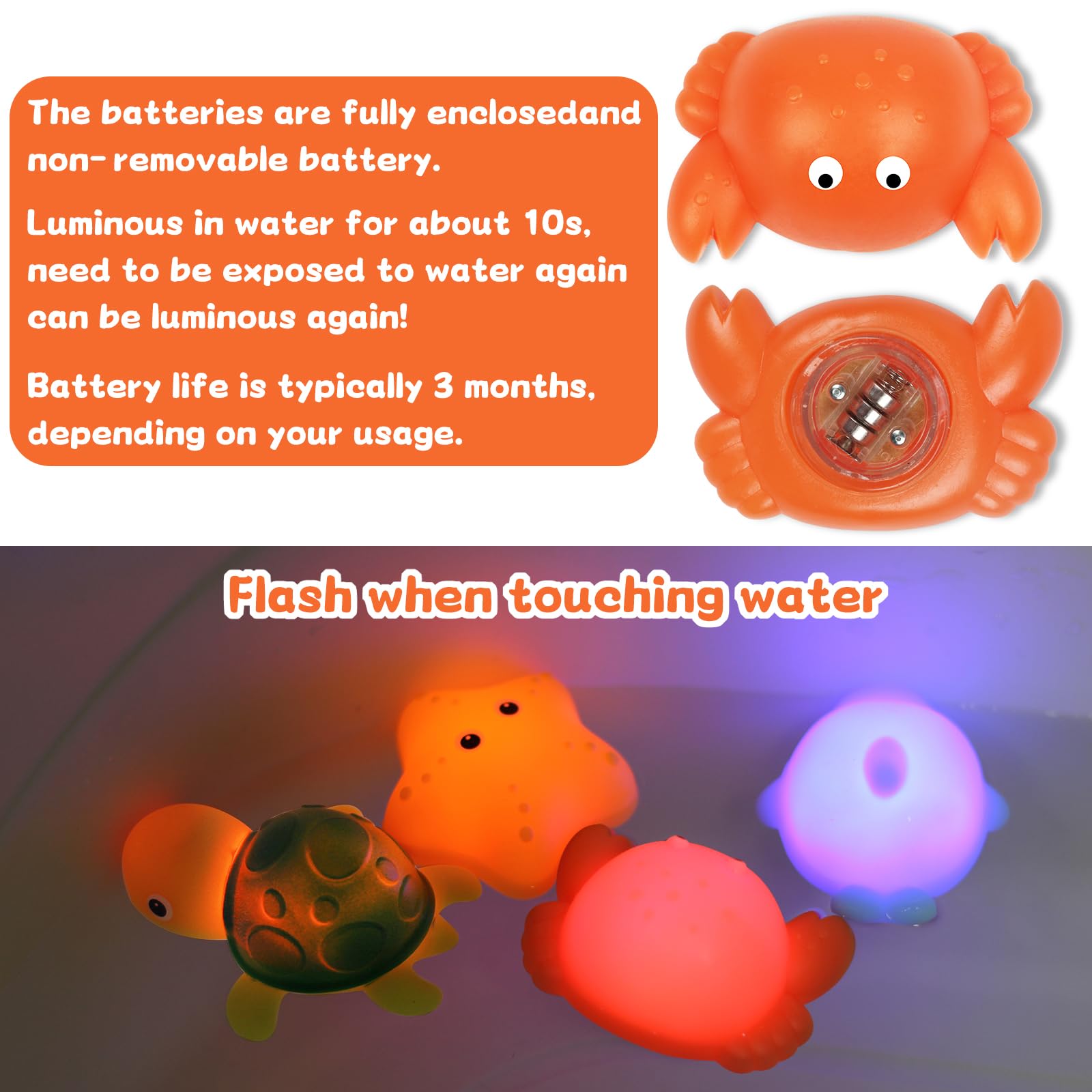 13-Piece Light Up Baby Bath Toys with Suction Cups - No Hole Bathtub Toys for Toddlers 6-12 Months & Kids 1-8 Years - Perfect for 1 2 3 Year Old Boys & Girls - Fun Stocking Stuffers & Sensory Play in Tub
