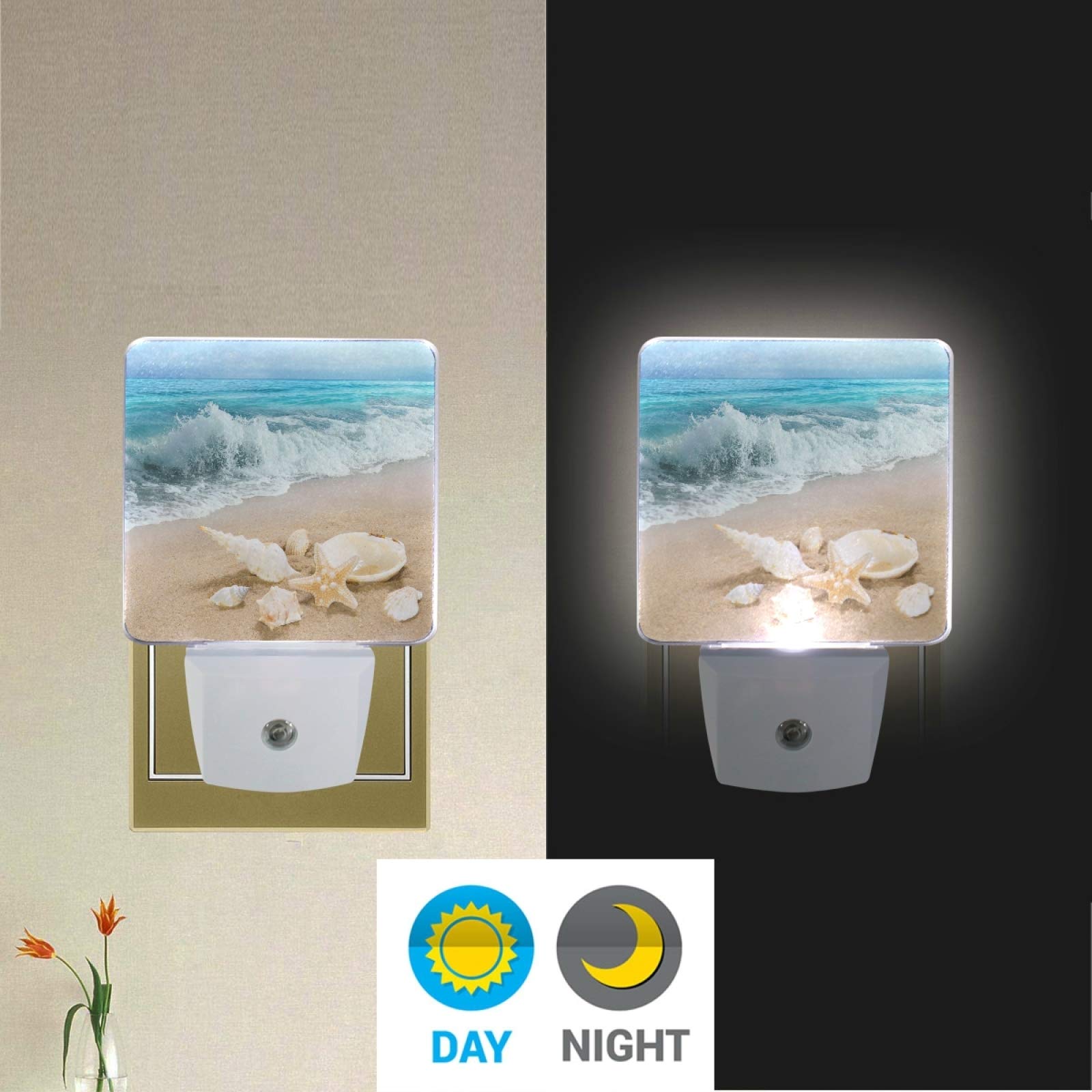 Ocean Beach Summer Night Light Set of 2 - Starfish & Seashell LED Plug-in Nightlights with Auto Dusk-to-Dawn Sensor | Perfect for Bedroom, Bathroom, Kitchen, Hallway & Stairs | Creates Coastal Ambiance for Relaxation & Safety Lighting