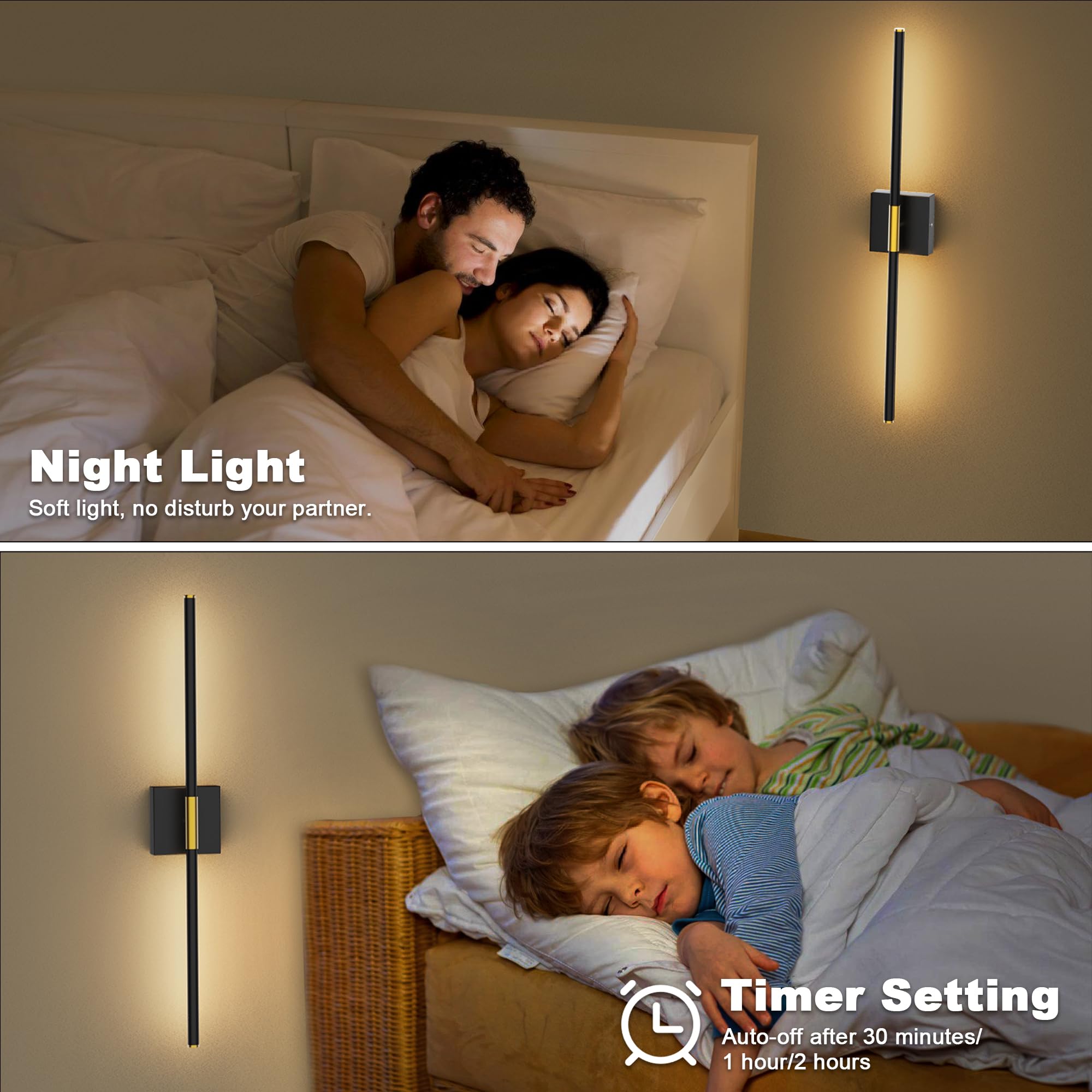 31.5 Inch USB Rechargeable Wall Sconce Set of 2 - 8000mAh Battery Operated LED Wall Lights with Remote Control, 360° Rotatable & Dimmable (3000K-6000K) - Perfect for Living Room, Bedroom, Hallway Lighting (2 Pack)