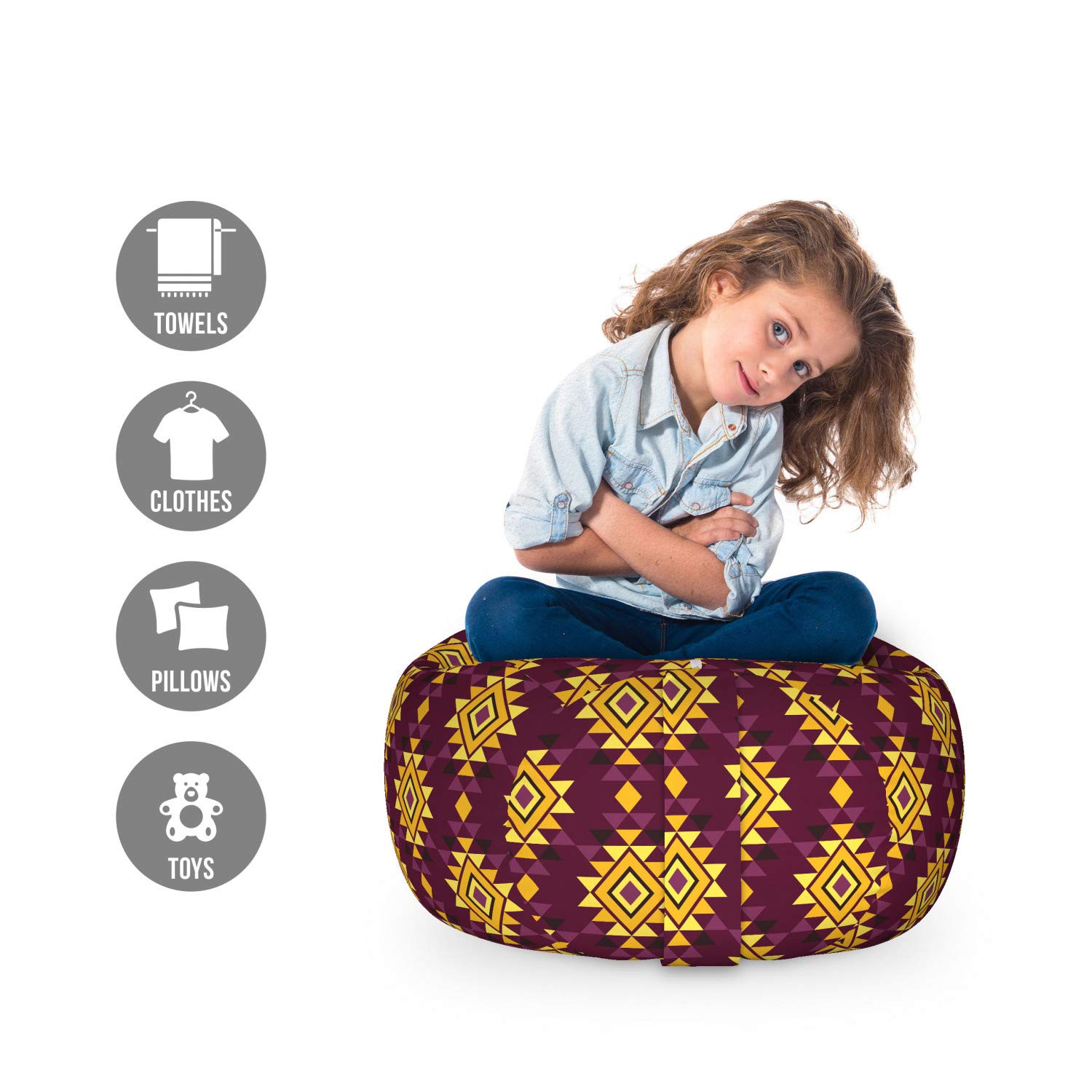 Ambesonne Ethnic Storage Toy Bag Chair - Funky Triangle Folk Pattern, Washable Stuffed Animal Organizer, Small Size in Maroon & Earth Yellow - Perfect for Kids' Room, Nursery, Playroom & Toy Storage