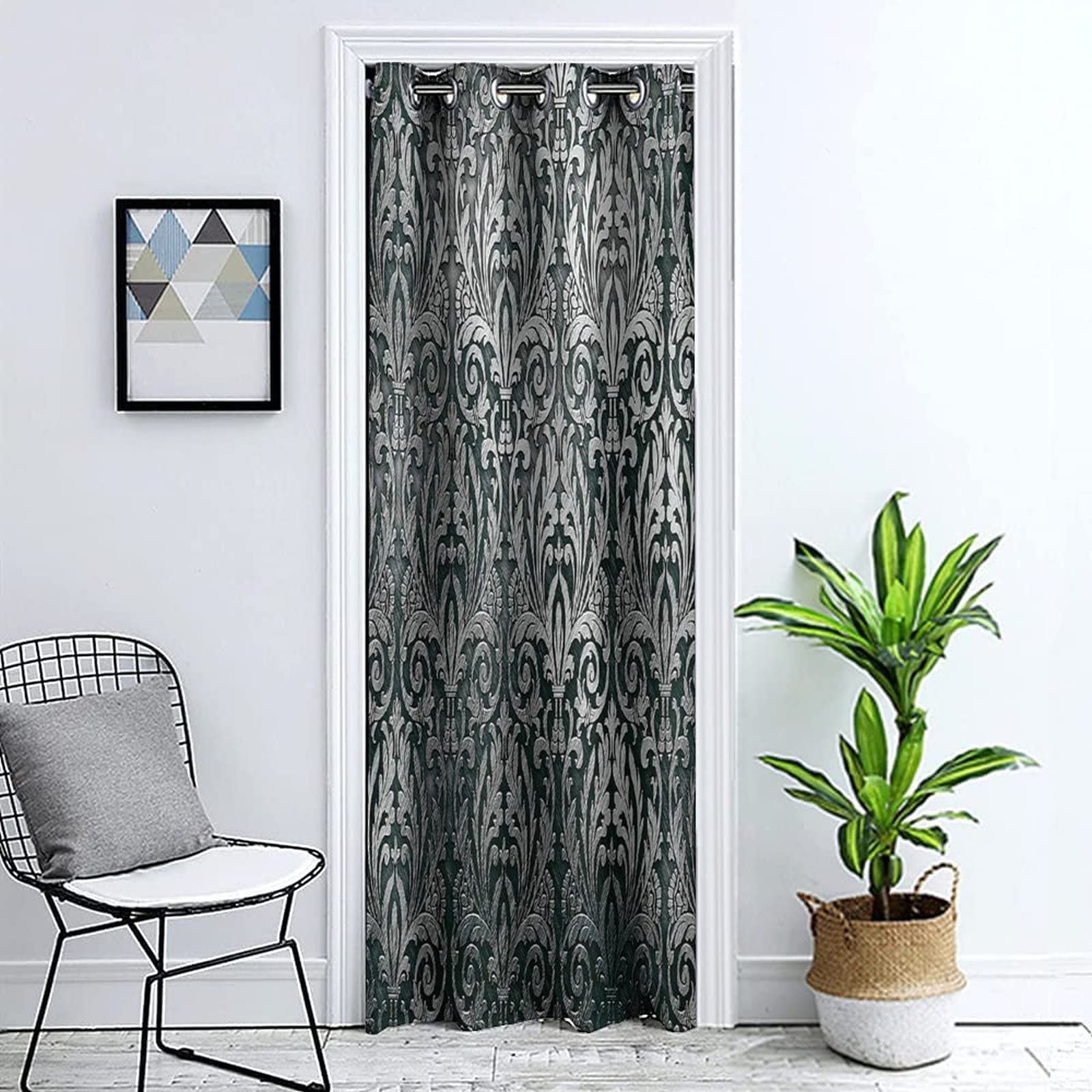 Royal Floral Door Curtain - 51x78 Inch Silver Grommet Window Panel with Medieval Empire Print for Bedroom, Closet & Doorway Privacy - Classic Home Decor for Living Room & Apartment