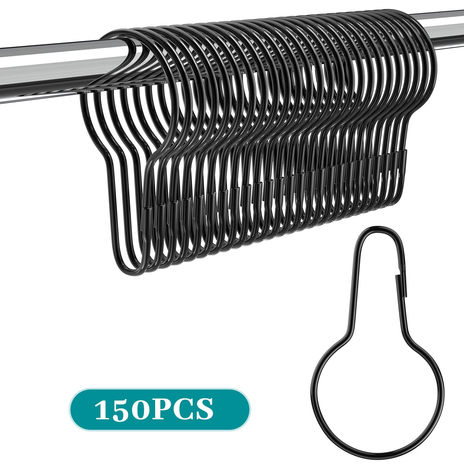 Geetery 150 Pcs Rust-Proof Stainless Steel Shower Curtain Hooks - Reusable Metal Shower Rings for Bathroom, Bedroom & Kitchen - Durable & Multi-Functional Bath Accessories (Black) - Perfect for Home, Hotel & Dorm Decor
