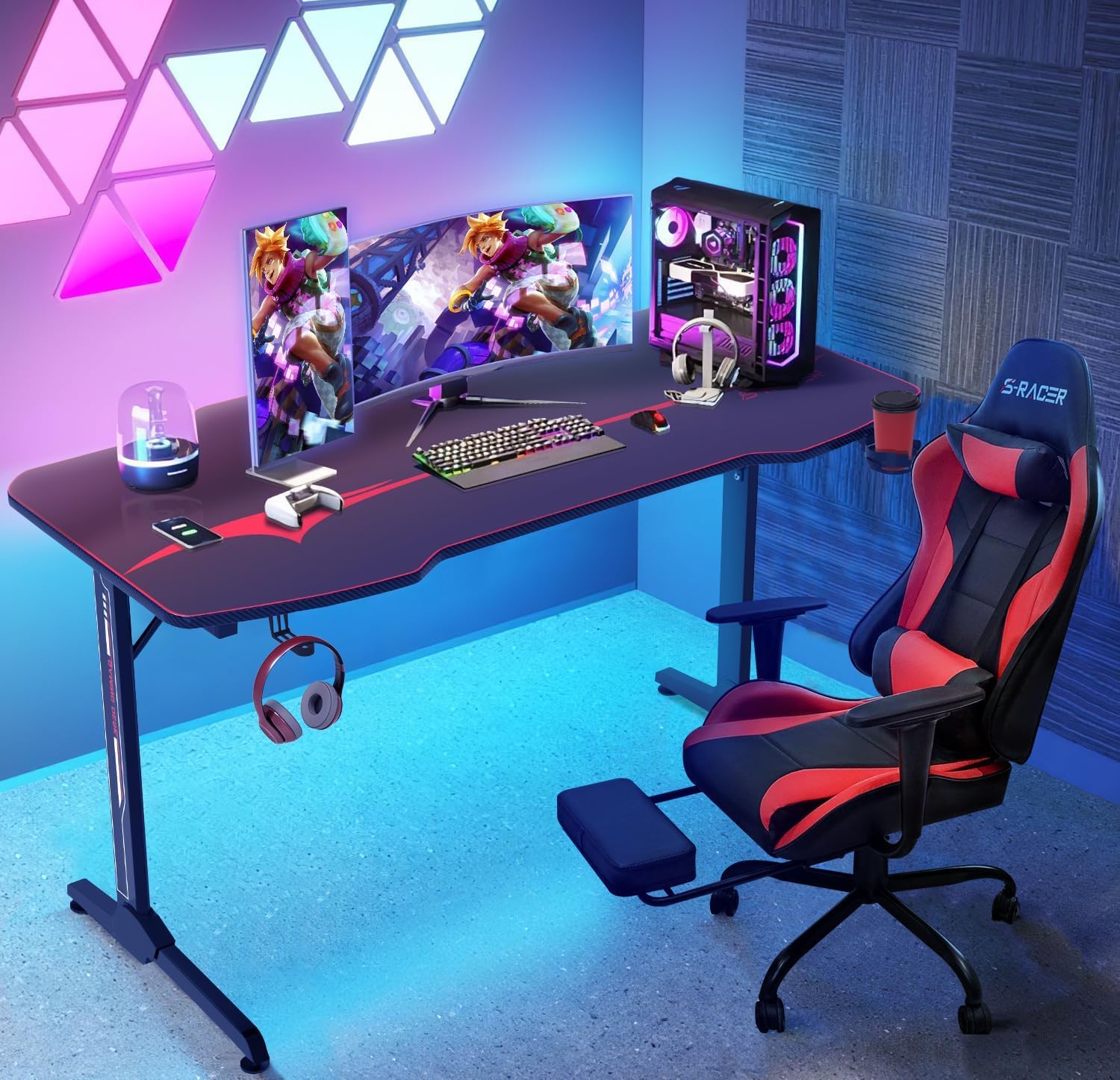 Homall 140cm Racing Style Gaming Desk - Ergonomic T-Shaped Computer Table for PC Gaming with Mouse Pad, Black | Perfect for Esports, Streaming & Home Office Setup