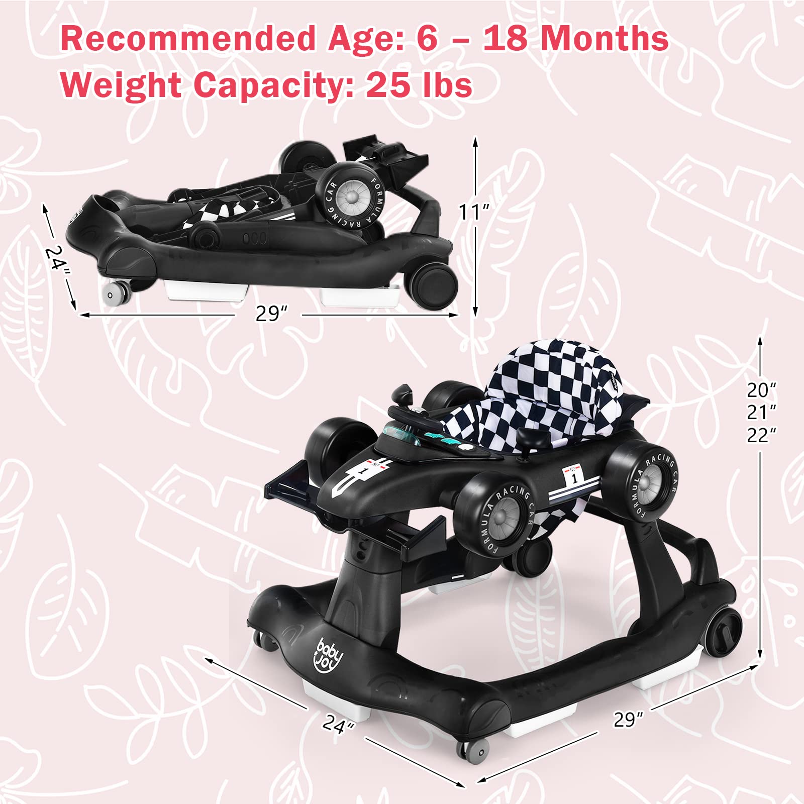 BABY JOY 4-in-1 Foldable Baby Walker with Adjustable Height & Speed - Musical Light-Up Activity Walker with Anti-Rollover Wheels for Toddlers 6-18 Months (Black) | Perfect for Learning to Walk, Indoor Play & Early Development