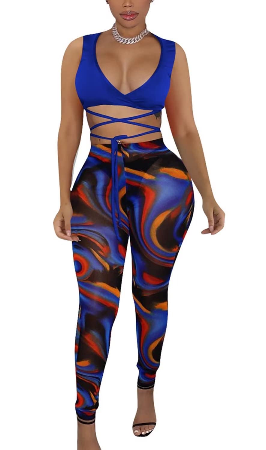 Sexy Women's 2 Piece Sheer Mesh Outfit - See Through Cropped Tank Top & Pencil Sweatpants Jumpsuit Set for Clubwear, Date Night & Fashion Street Style