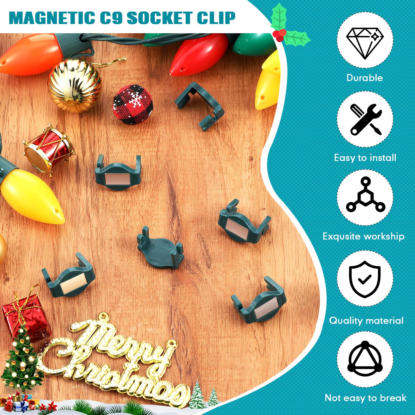 Frienda 100-Piece Magnetic C9 Socket Clips - Green Square Christmas Light Clips for Outdoor Patio Lighting | Perfect for Holiday Decorations, Roof Edge & Gutter Installation