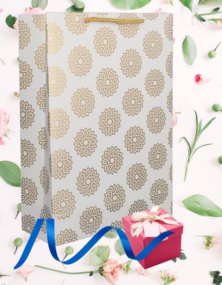 Premium Gold Flower & Chakra Printed Gift Bags - 10 Pack (28x20x7.5cm) for Birthday, Wedding, Party Favors & Return Gifts | Elegant Paper Carry Bags for Special Occasions & Thoughtful Present Wrapping