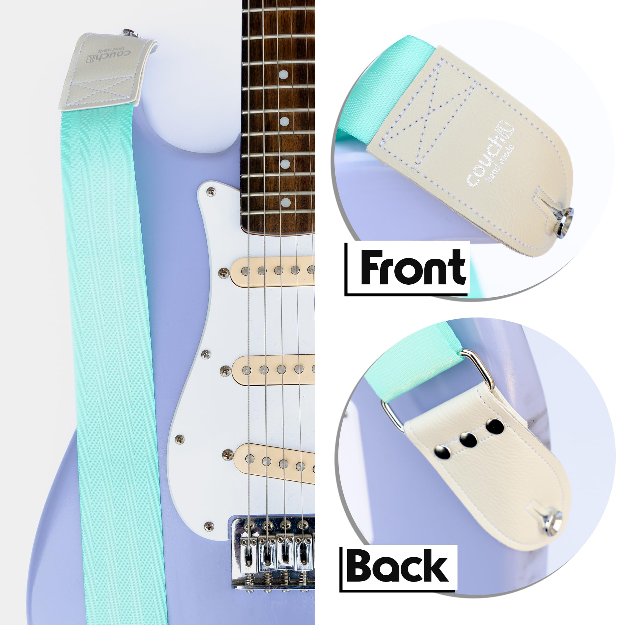 Eco-Friendly Recycled Seatbelt Guitar Strap - Handmade in USA by Couch Guitar Straps (Mint & White) | Durable, Comfortable & Sustainable for Acoustic/Electric Guitar Players
