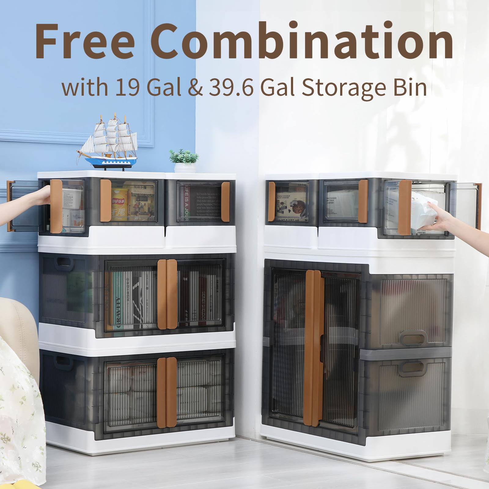 HAIXIN 6-Pack Folding Storage Bins with Left & Right Opening Doors - 6.86 Gal Stackable Plastic Shelves Organizer for Pantry, Bookcase & Room Organization | Space-Saving Cabinet for Home, Office & Closet Storage