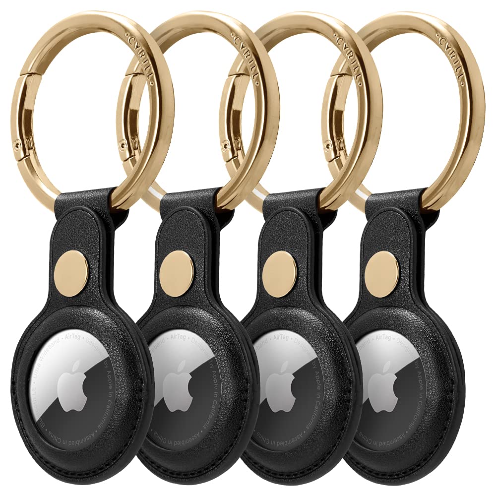Vegan Leather AirTag Keychain Holder - 4 Pack Black Apple AirTag Case (2021) with Key Ring | Perfect for Keys, Wallets & Luggage Tracking