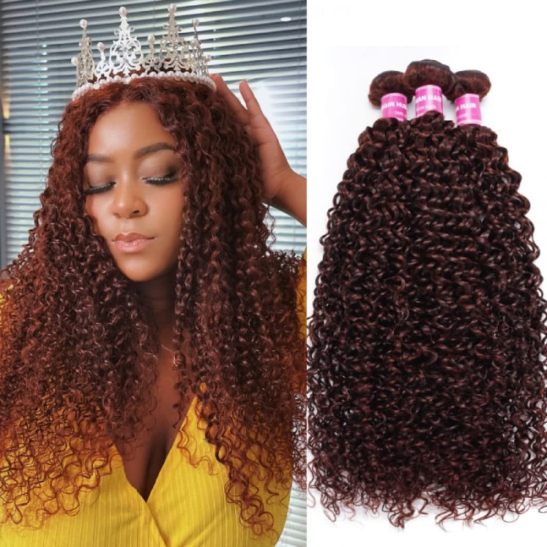 Beauty Forever #33B Reddish Brown Brazilian Virgin Remy Human Hair Wextensions - 3 Bundles (8/10/12 Inch) Jerry Curly Weave for Women | Natural-Looking Sew-In Hair Extensions for Daily Styling & Special Occasions