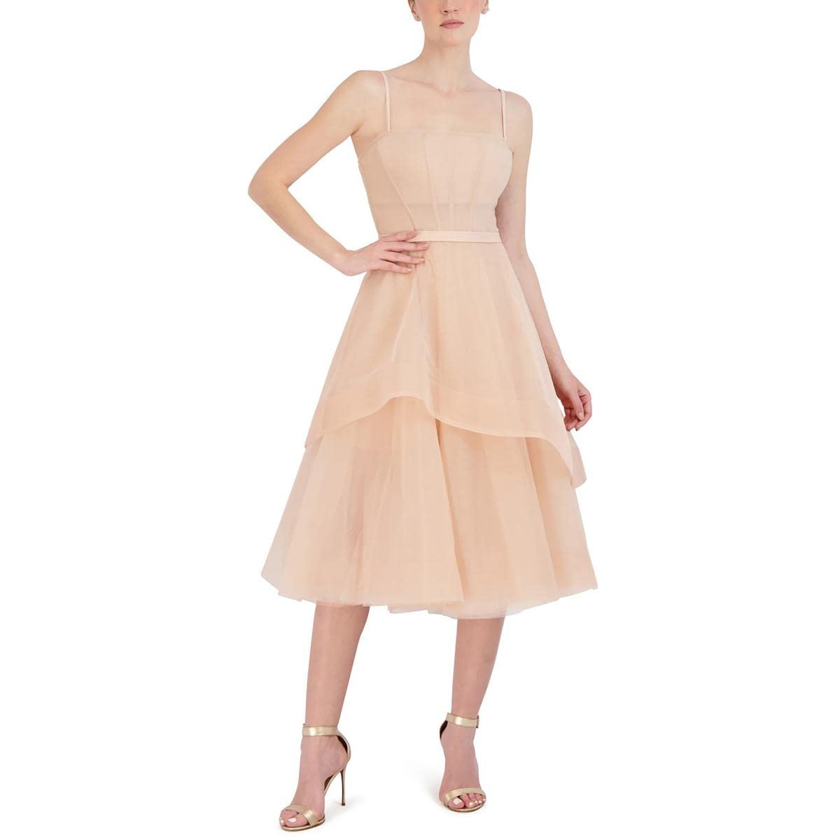 BCBGMAXAZRIA Women's Short Midi Evening Dress - Fit & Flare Corset Bodice with Adjustable Spaghetti Straps & Tiered Skirt - Perfect for Cocktail Parties, Weddings & Formal Events