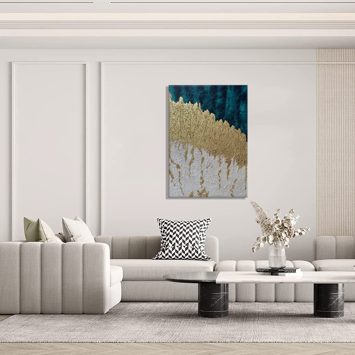 Abstract Blue and Gold Vertical 3D Canvas Wall Art - Hand Painted Modern Oil Painting with Textured Metal Finish - Contemporary Home Decor for Living Room, Bedroom & Office