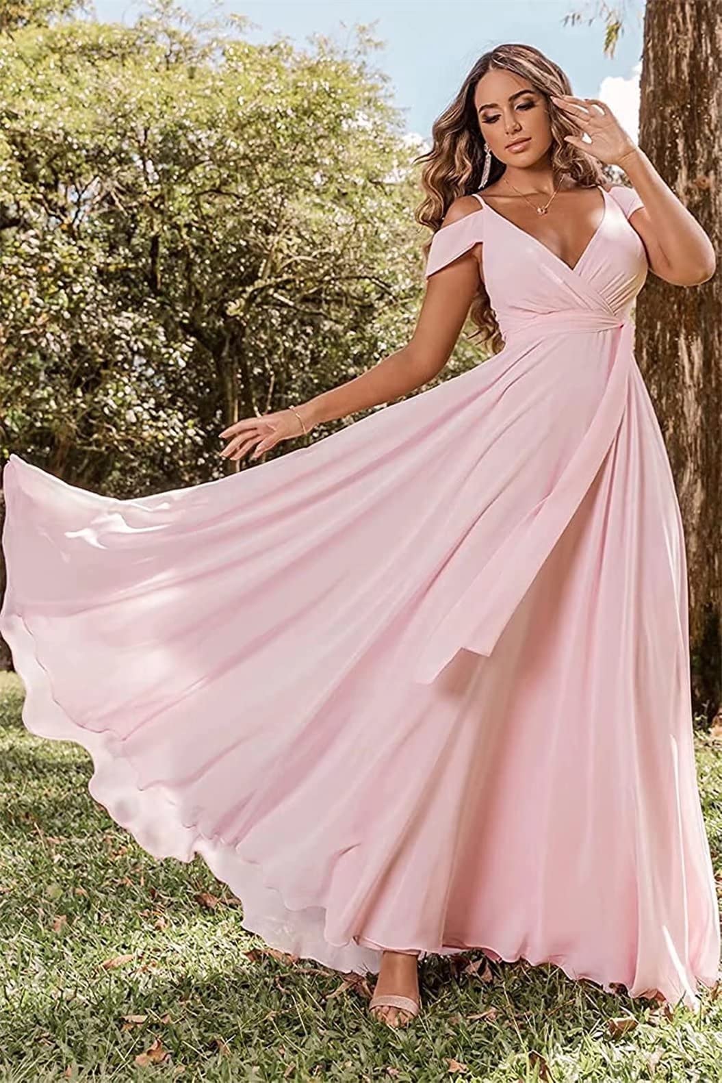 Plus Size Wedding Bridesmaid Dresses Long Olive Green Off The Shoulder Chiffon V-Neck Pleated Formal Evening Gown for Women - Perfect for Weddings, Proms & Special Occasions