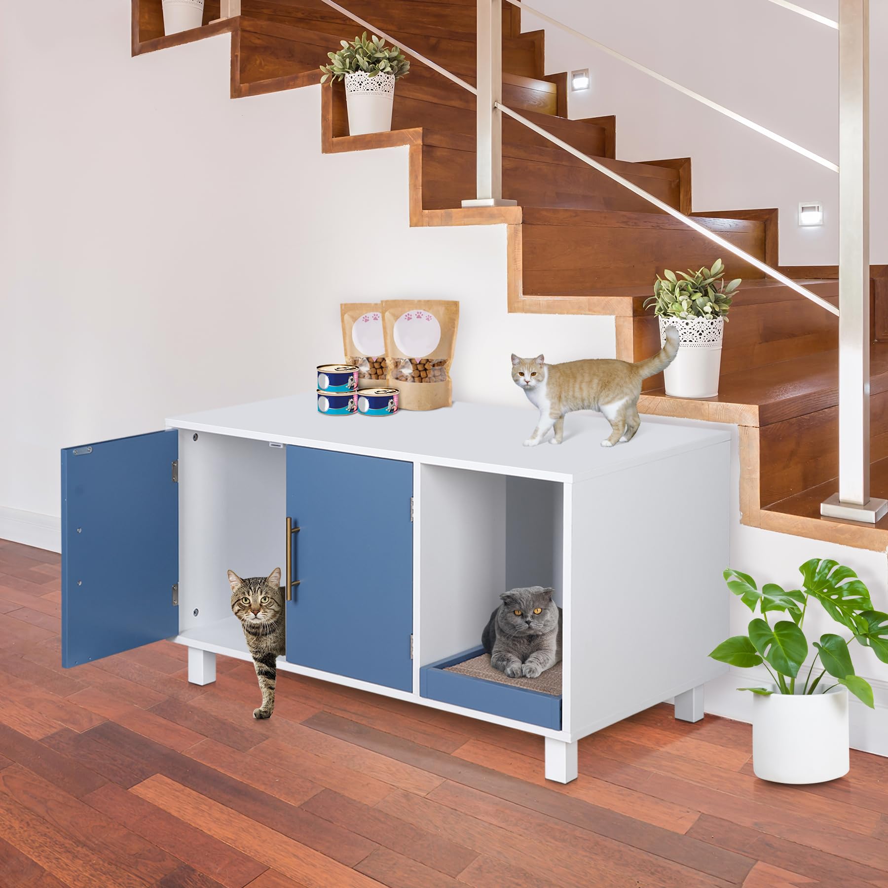 Modern Wood Cat Litter Box Enclosure - Hidden Cat House Furniture with Scratching Pad | Washable Pet Crate for Indoor Cats | Perfect for Small Spaces & Home Decor