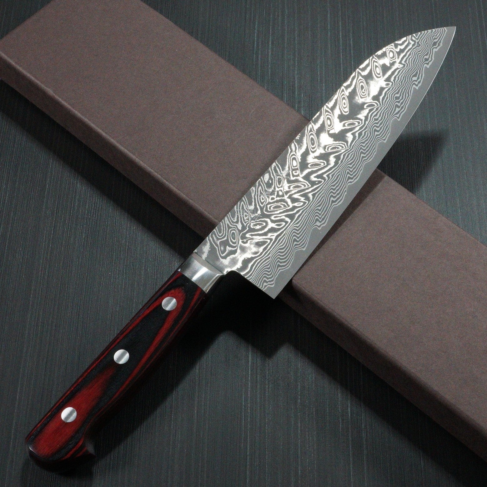 Premium Japanese Yoshimi Kato SG2 Super Gold 2 Damascus Santoku Knife - V-Shaped Black Blade with Red Handle - Perfect for Slicing, Dicing & Chopping Vegetables, Meat & Fish