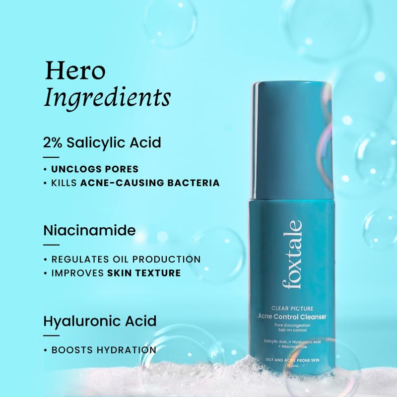 Foxtale 2% Salicylic Acid Acne Face Wash for Oily & Acne-Prone Skin - Oil Control & Bacteria-Fighting Cleanser for Men & Women (100ml) - Daily Skincare for Breakouts & Blackheads