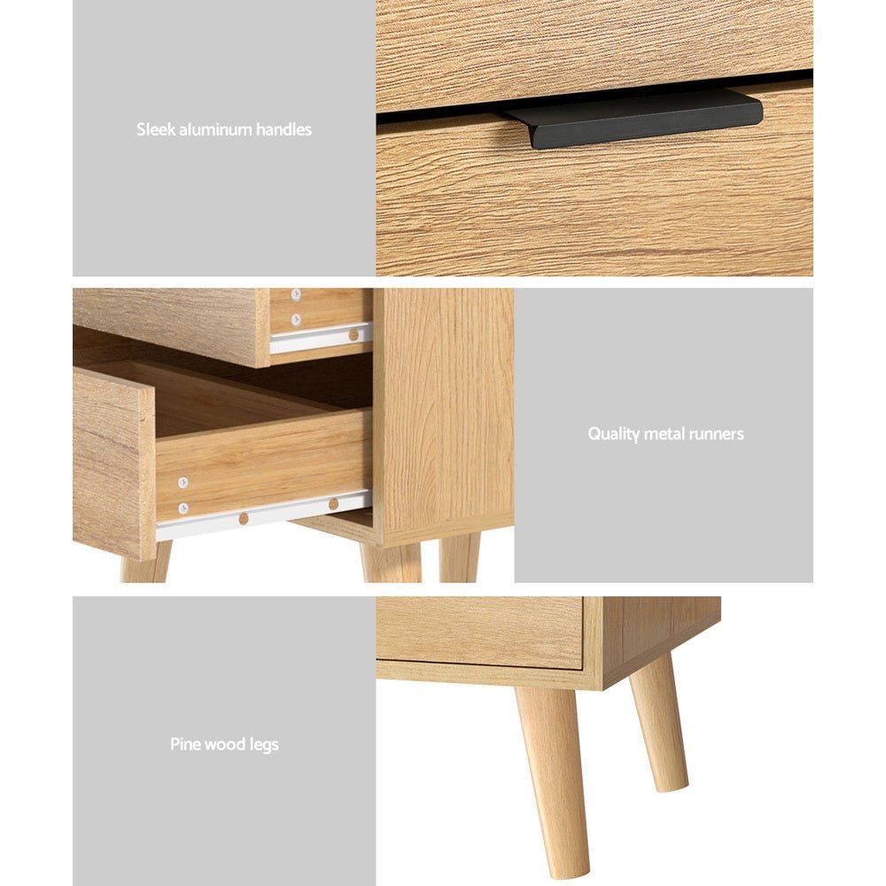 2 Drawer Pine Bedside Table - Nightstand with Storage for Bedroom, Living Room, or Office - Natural Wood Finish
