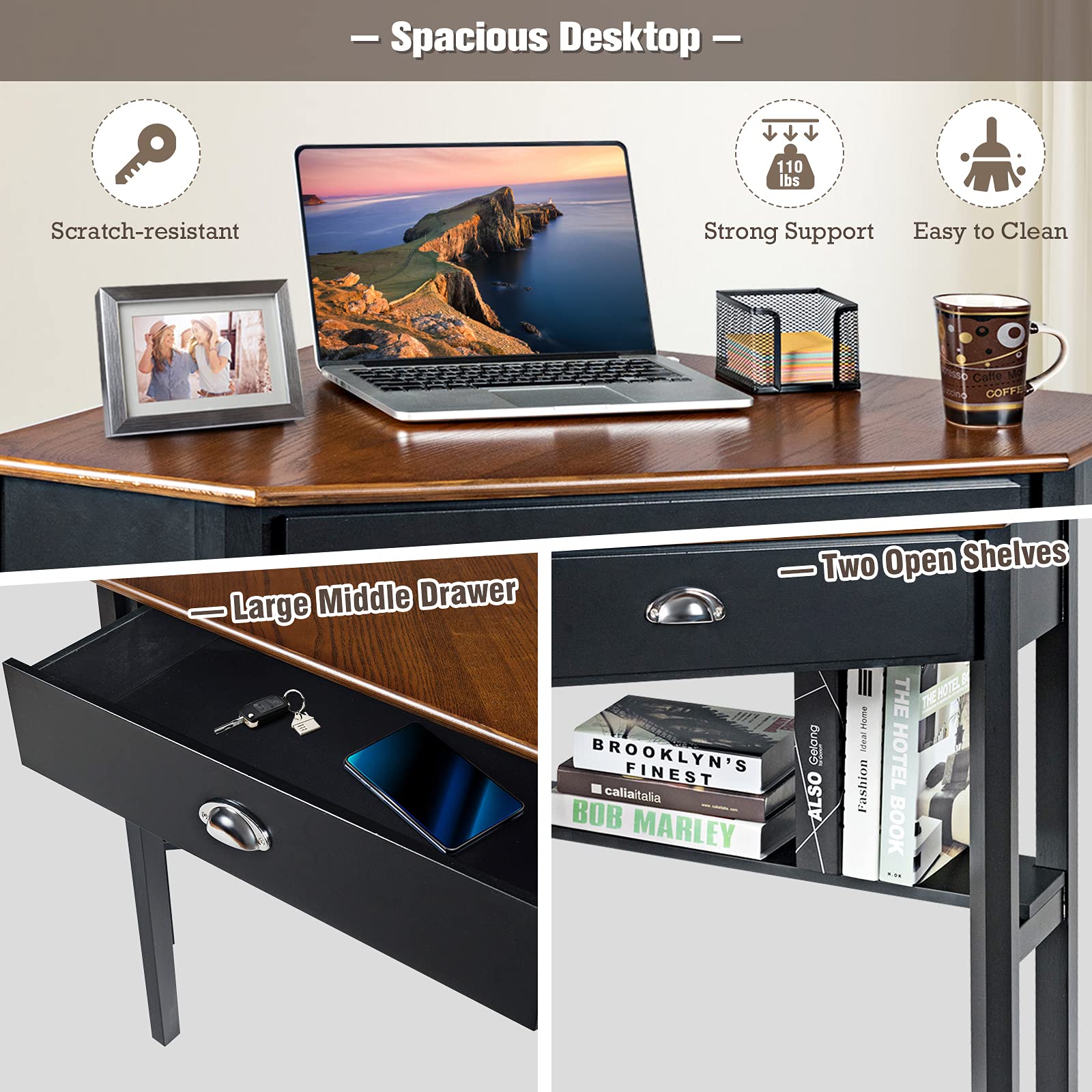 GOFLAME Compact Wooden Corner Desk for Home Office, Small Space Computer Desk with Drawer & Shelves, L-Shaped Writing Workstation for Laptop PC - Perfect for Home Office, Study Room & Coffee Nook