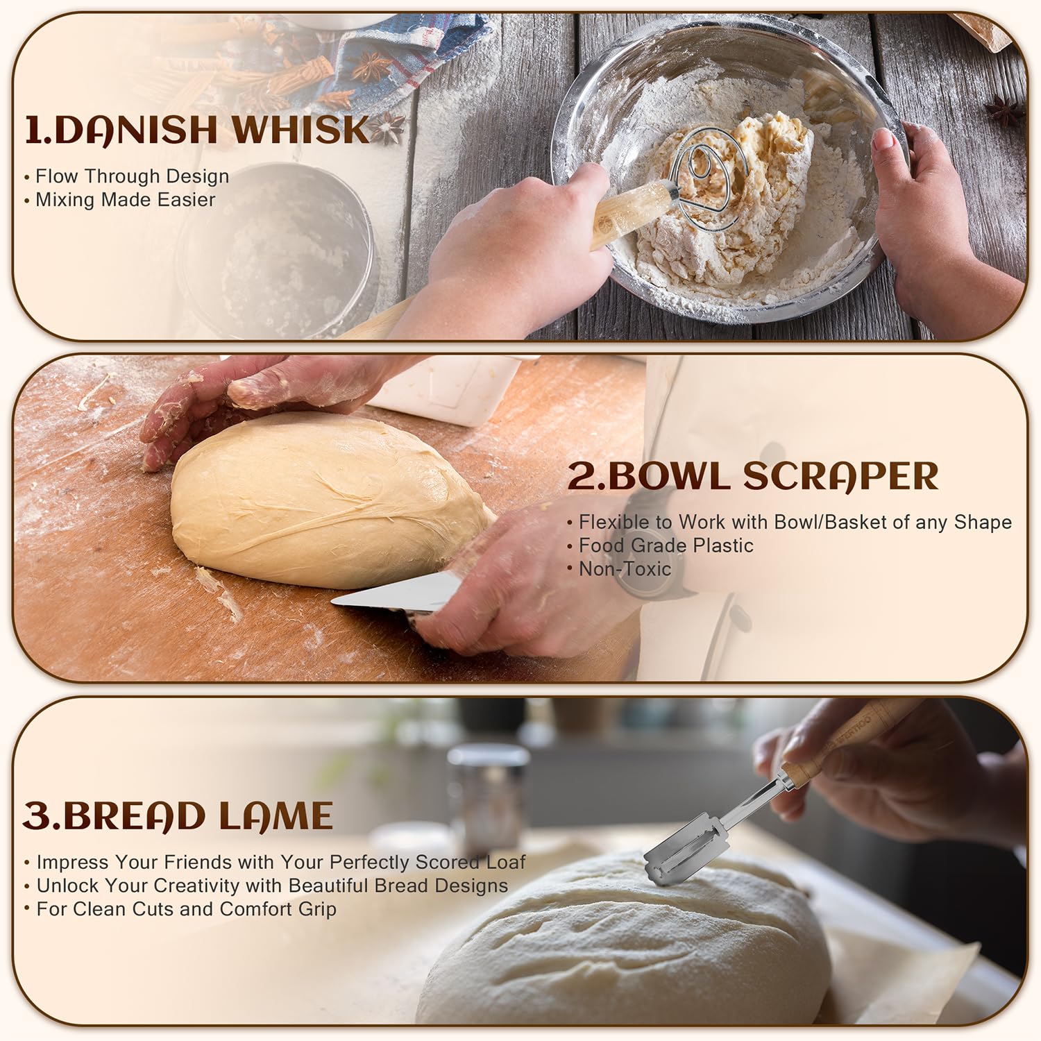Premium Banneton Bread Proofing Basket Set of 2 - 9 Inch Round Sourdough Proofing Baskets with Dough Scraper, Danish Whisk & Bread Lame | Artisan Sourdough Baking Kit for Homemade Bread | Perfect for Bakers & Bread Making Enthusiasts