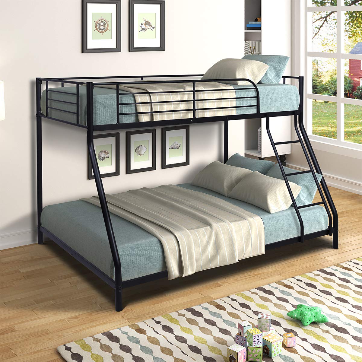 HUAYICUN Twin Over Full Bunk Bed - Sturdy Steel Metal Frame with Flat Ladder & Safety Guardrail for Kids, Teens & Adults (Black) | Perfect for Small Bedrooms, Dorms & Guest Rooms