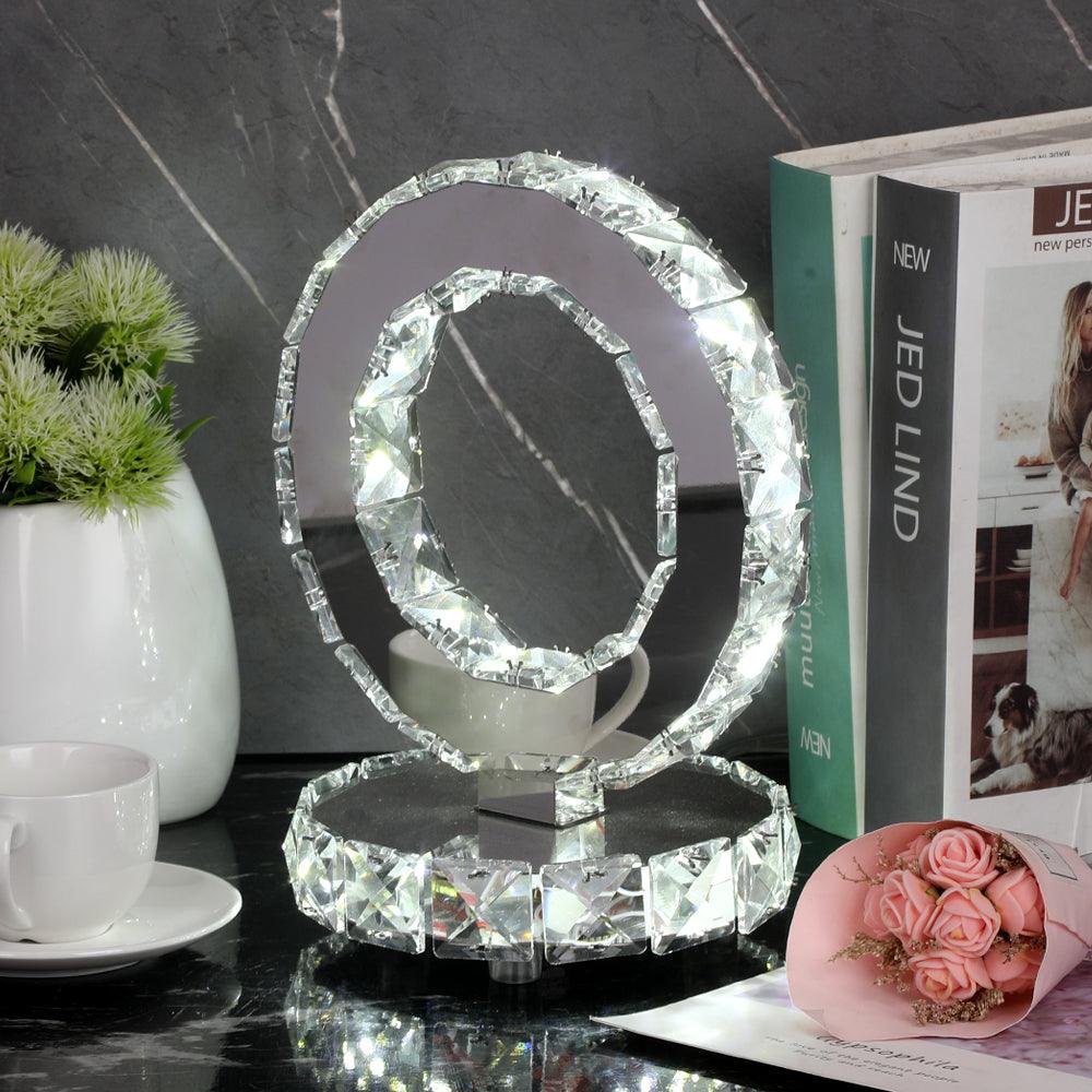 Elegant Crystal Rings Table Lamp - Modern LED Bedside Night Light for Bedroom, Living Room, and Office Decor