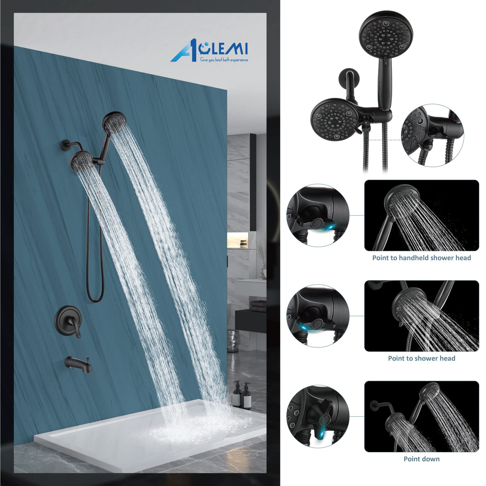 Aolemi Oil Rubbed Bronze Shower Faucet Set - 8-Setting Dual Shower Head & Handheld Spray System with Tub Spout, Rain Shower Head & Pressure Rough-in Valve | Perfect for Bathroom Renovation & Luxury Spa Experience
