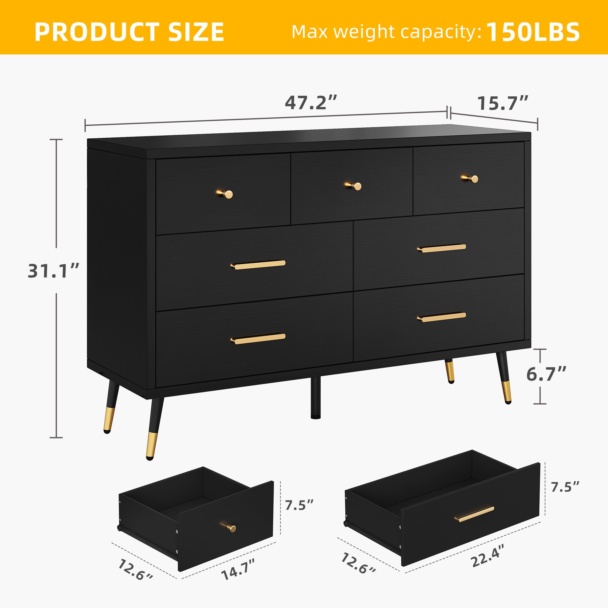 DWVO Black 7-Drawer Dresser - 47