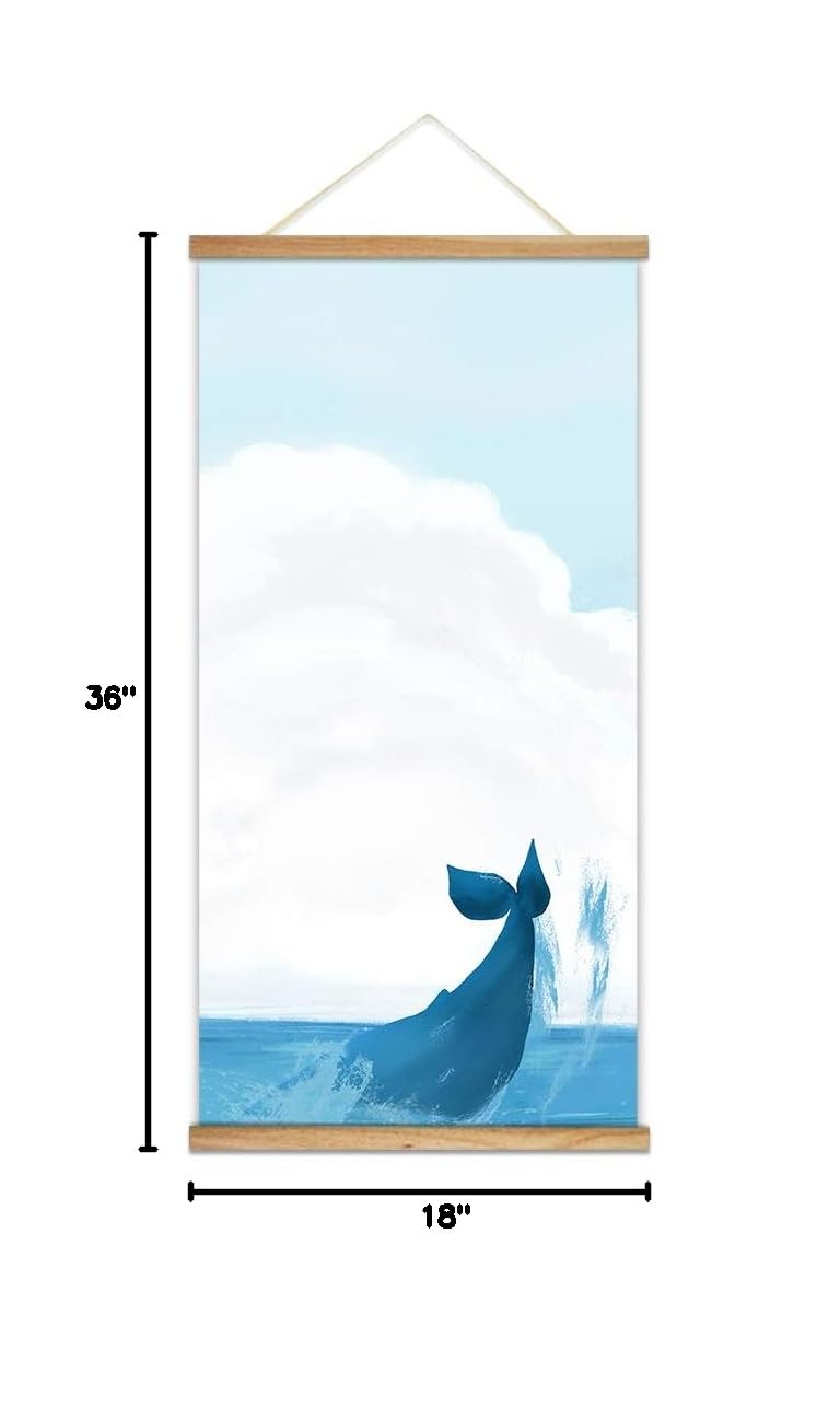 Blue Whale Wall Art Poster - 18x36 Inch Wood Frame Hanging Picture for Home & Office Decor - Perfect for Living Room, Bedroom, or Nursery