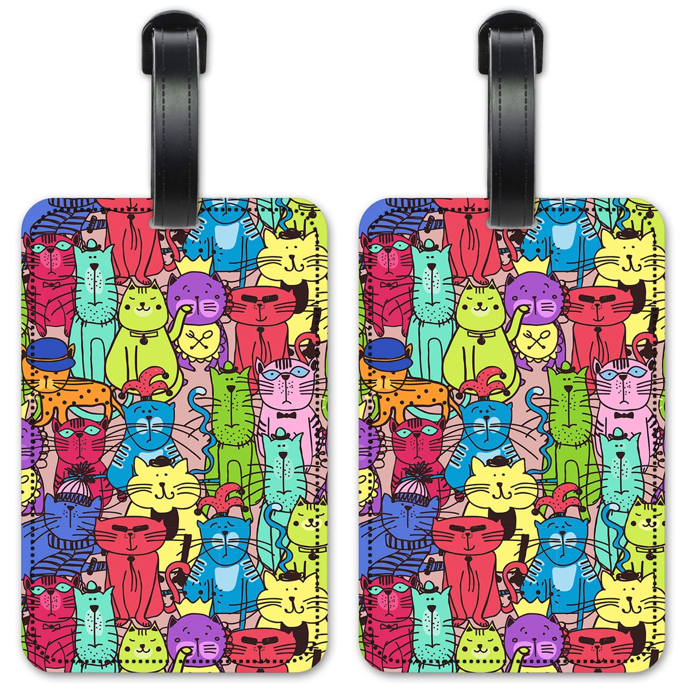 Colorful Cat Luggage ID Tags - 2 Pack Suitcase Identification Cards for Travel & Vacation - Durable Pet-Themed Baggage Tags for Kids & Adults