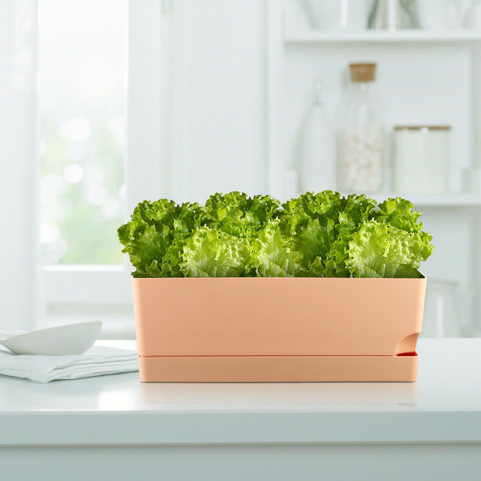 2 Pack Self Watering Planters - 17 Inch Large Rectangular Flower Pots with Drainage Holes & Saucers for Indoor Plants, Herbs, Succulents - Perfect Windowsill Planter Box for Kitchen, Balcony, Office (Orange)