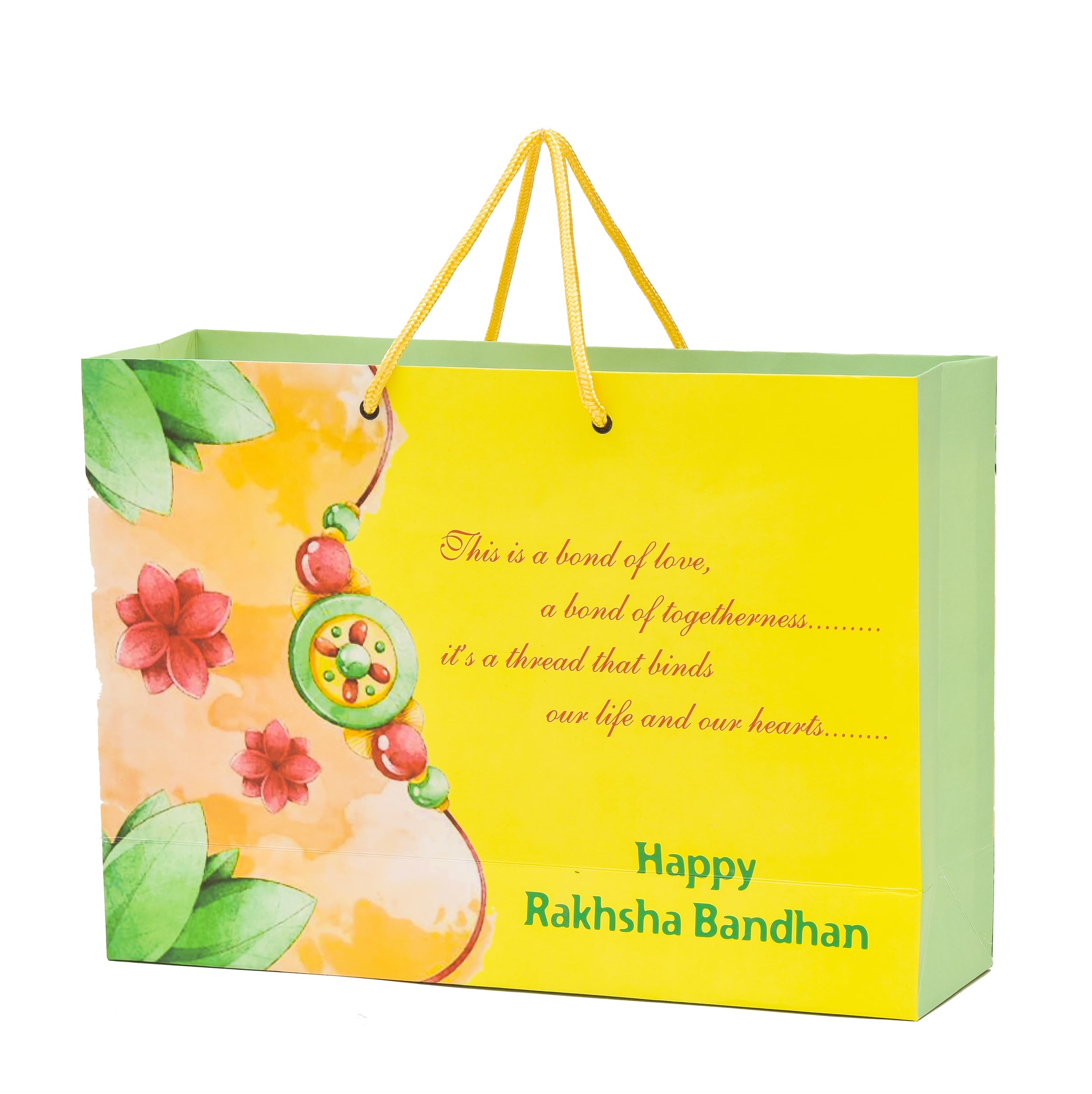 PPJ® Happy Raksha Bandhan Paper Gift Bags - 10x14x4 Inch Rakhi Carry Bags (Pack of 5) - Eco-Friendly Decorative Favor Bags for Rakhi Festival, Indian Celebration Return Gifts & Party Favors