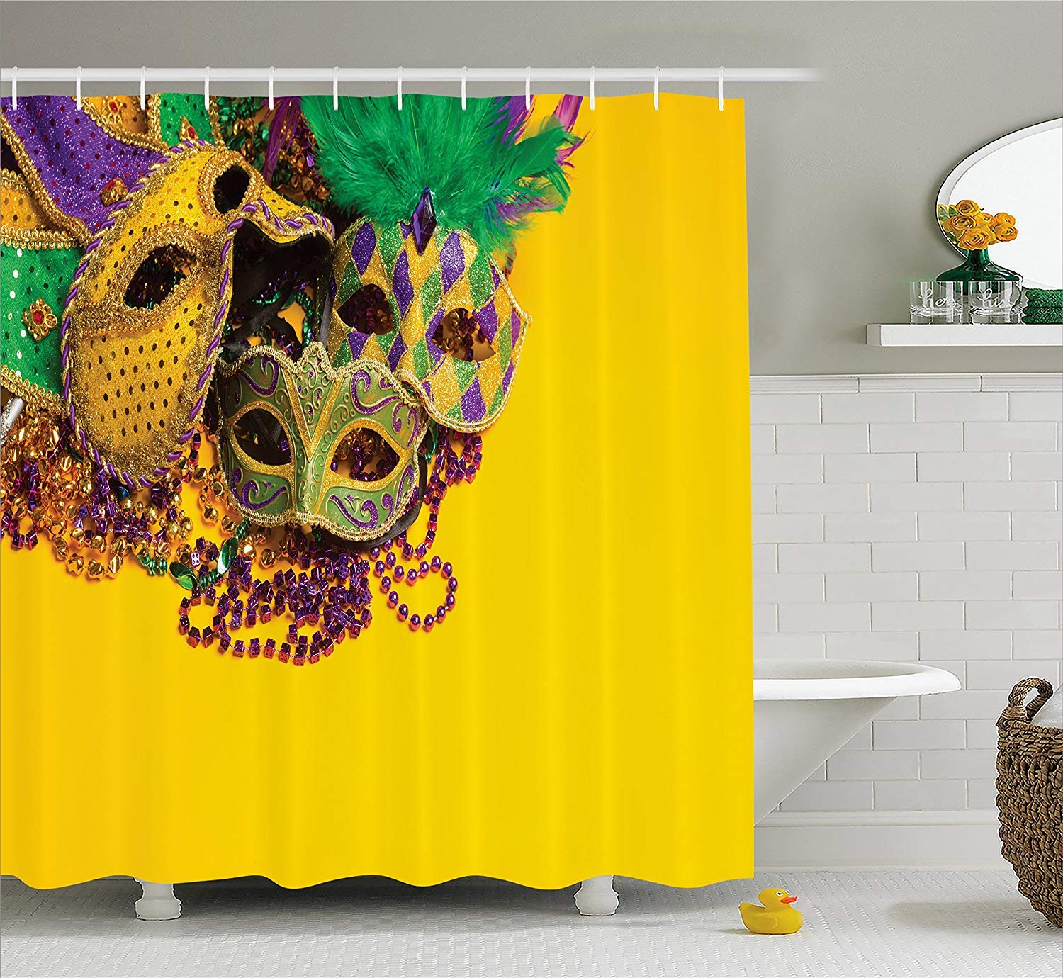 Colorful Mardi Gras Shower Curtain with Venetian Carnival Masks - Festive Bathroom Decor Set with Hooks (Yellow, Purple, Green) for Party, Themed Bathroom & Holiday Decorations