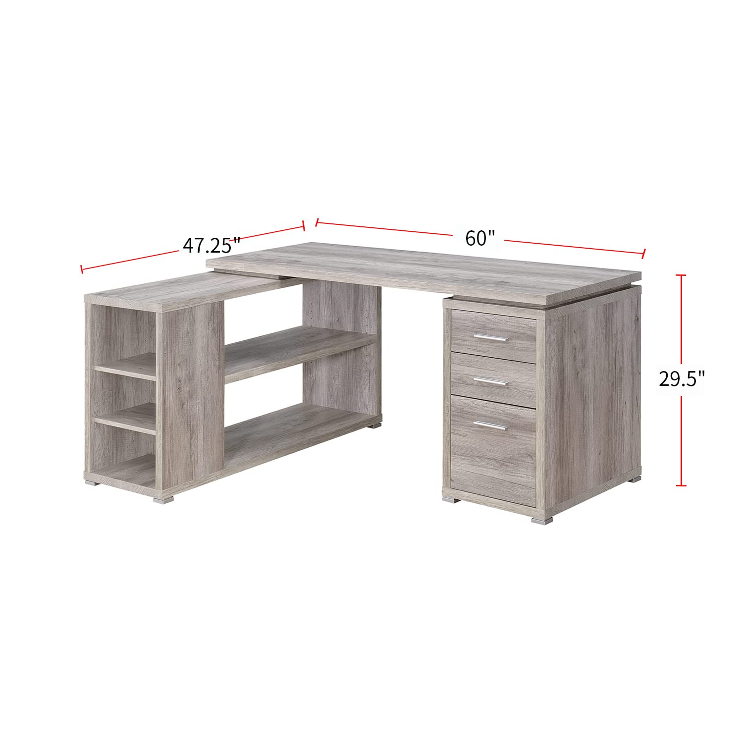 Simple Relax L-Shape Office Desk with 3 Drawers - Grey Driftwood Finish | Modern Home Office Furniture for Small Spaces, Work from Home & Study Room