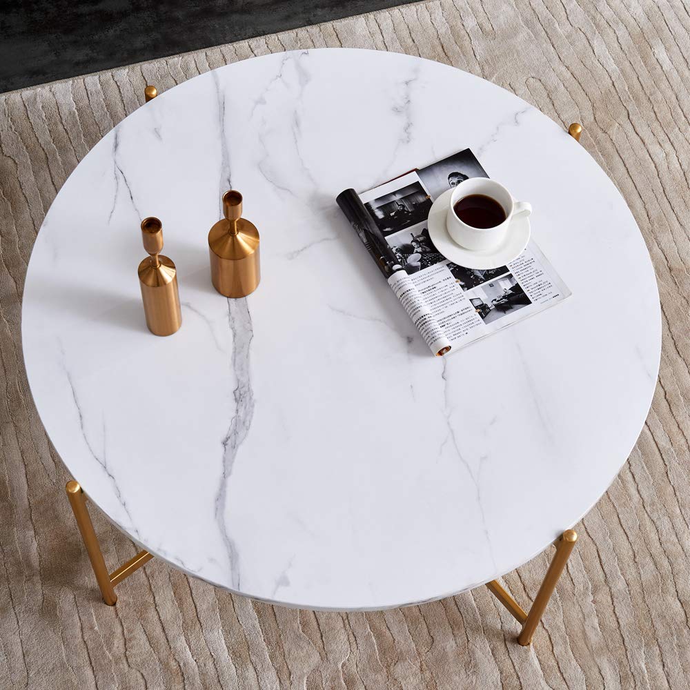 Goujxcy Modern Marble Round Coffee Table with Gold Metal Frame - Stylish Accent Table for Living Room, Bedroom, or Dining Room - Perfect for Small Spaces and Home Decor