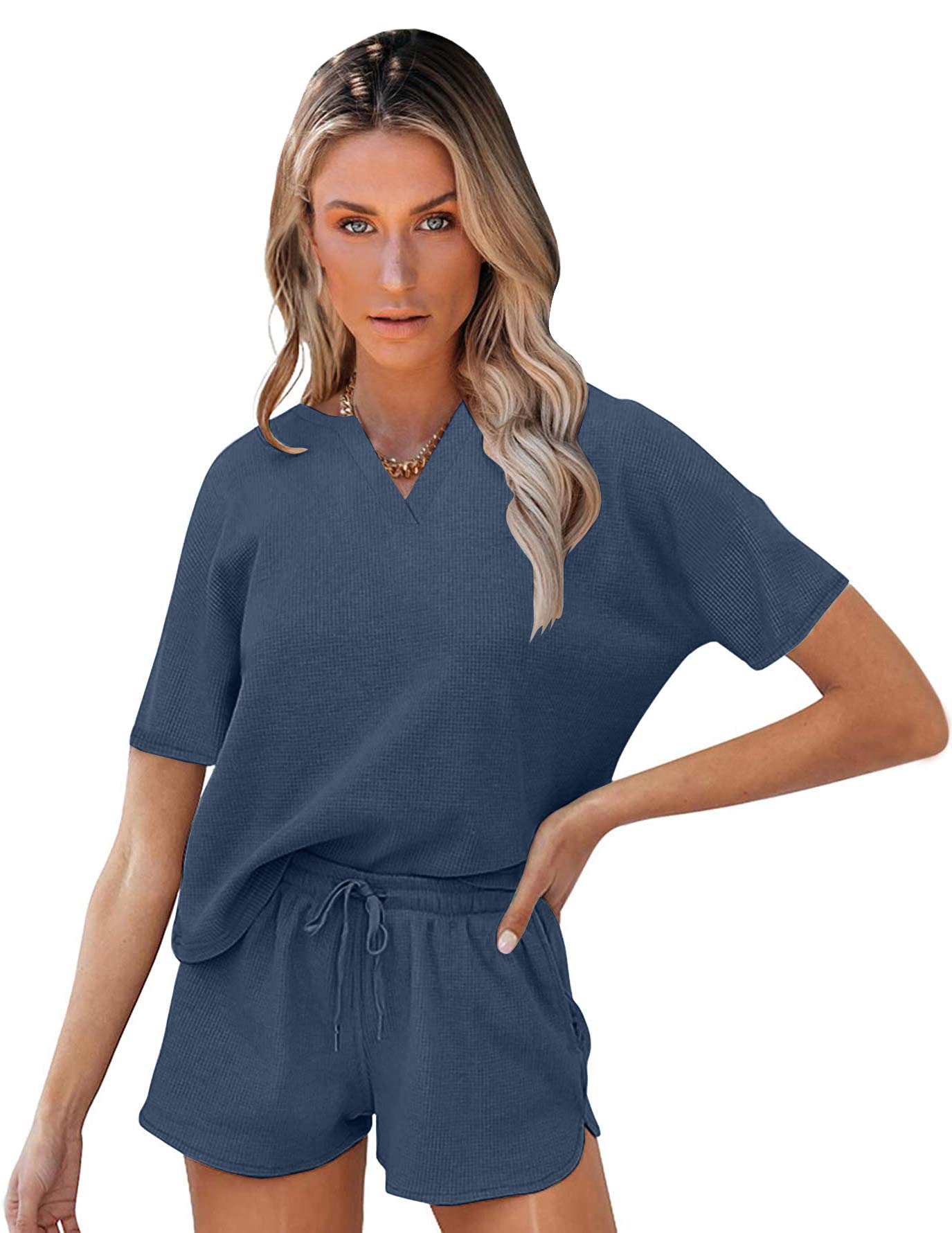 Women's Waffle Knit Pajama Set - Soft Short Sleeve Top & Comfy Shorts with Pockets | Cozy Loungewear for Sleep, Yoga & Home Relaxation | Athletic Tracksuit for Women