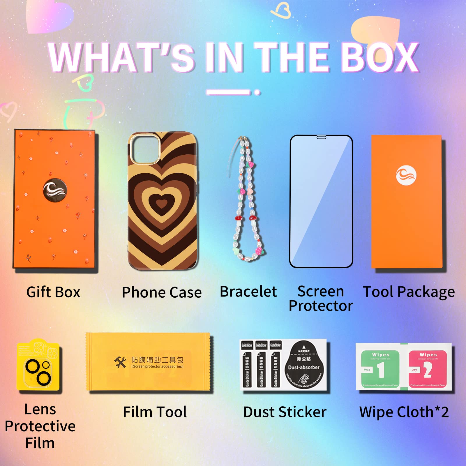 4-in-1 Heart Pattern iPhone 13 Case (6.1 inch) - Cute Aesthetic Phone Cover with Camera Protector, Screen Protector & Chain for Women | Trendy Brown Swirl Design | Perfect Gift for Girlfriends, Teens & Trendy Fashion Lovers (Ideal for Everyday Use, Parties & Photo Shoots)