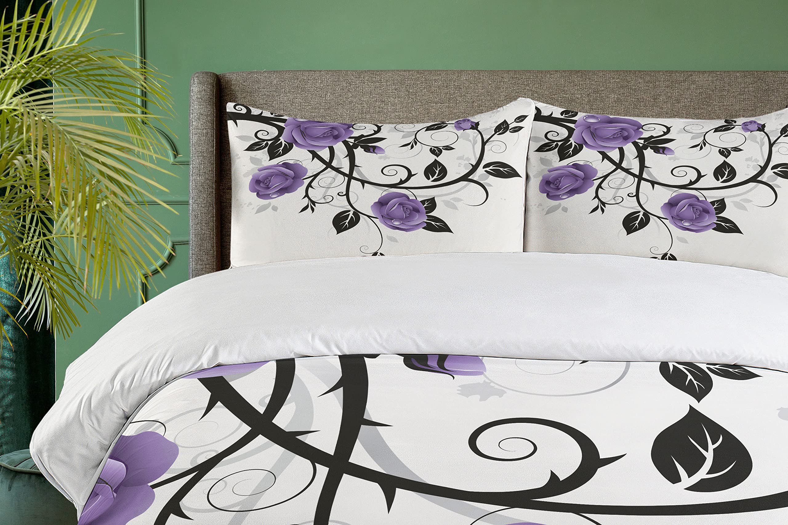 Lunarable Floral Duvet Cover Set - Spring Roses with Monochrome Branches on Grunge Background, 3-Piece Bedding Set with 2 Pillow Shams, California King Size, Lavender Black & White | Perfect for Bohemian Bedroom Decor & Guest Room Styling