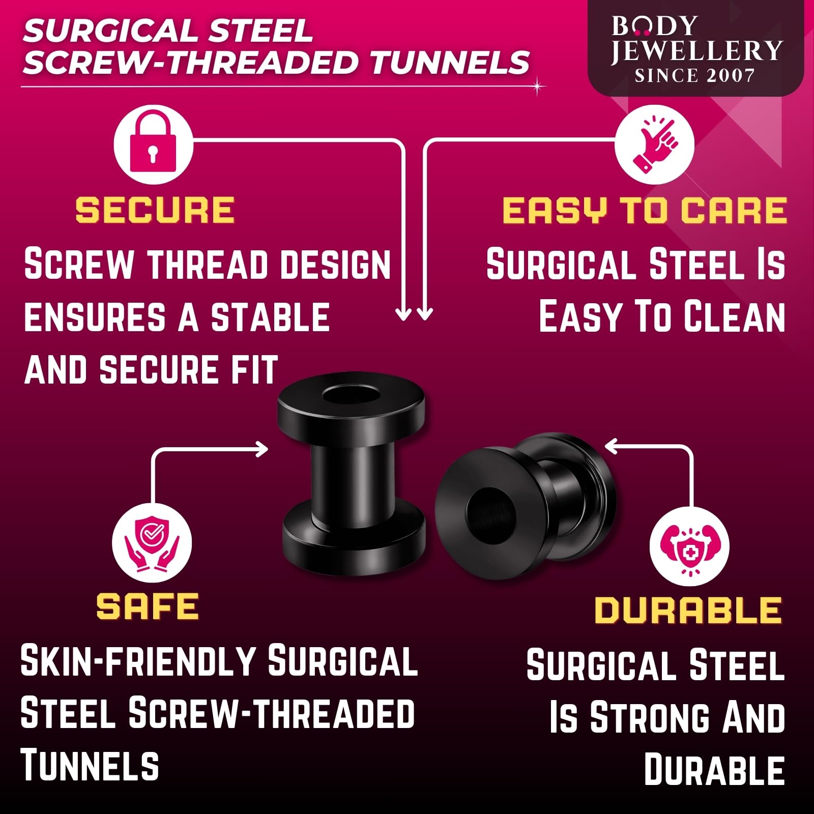 Black Coated Surgical Steel Flesh Tunnel Ear Plugs - 2PCS Ear Stretching Gauges for Body Piercing & Alternative Fashion - Perfect for Stretching Lobes, Punk Style & Body Jewelry Collection